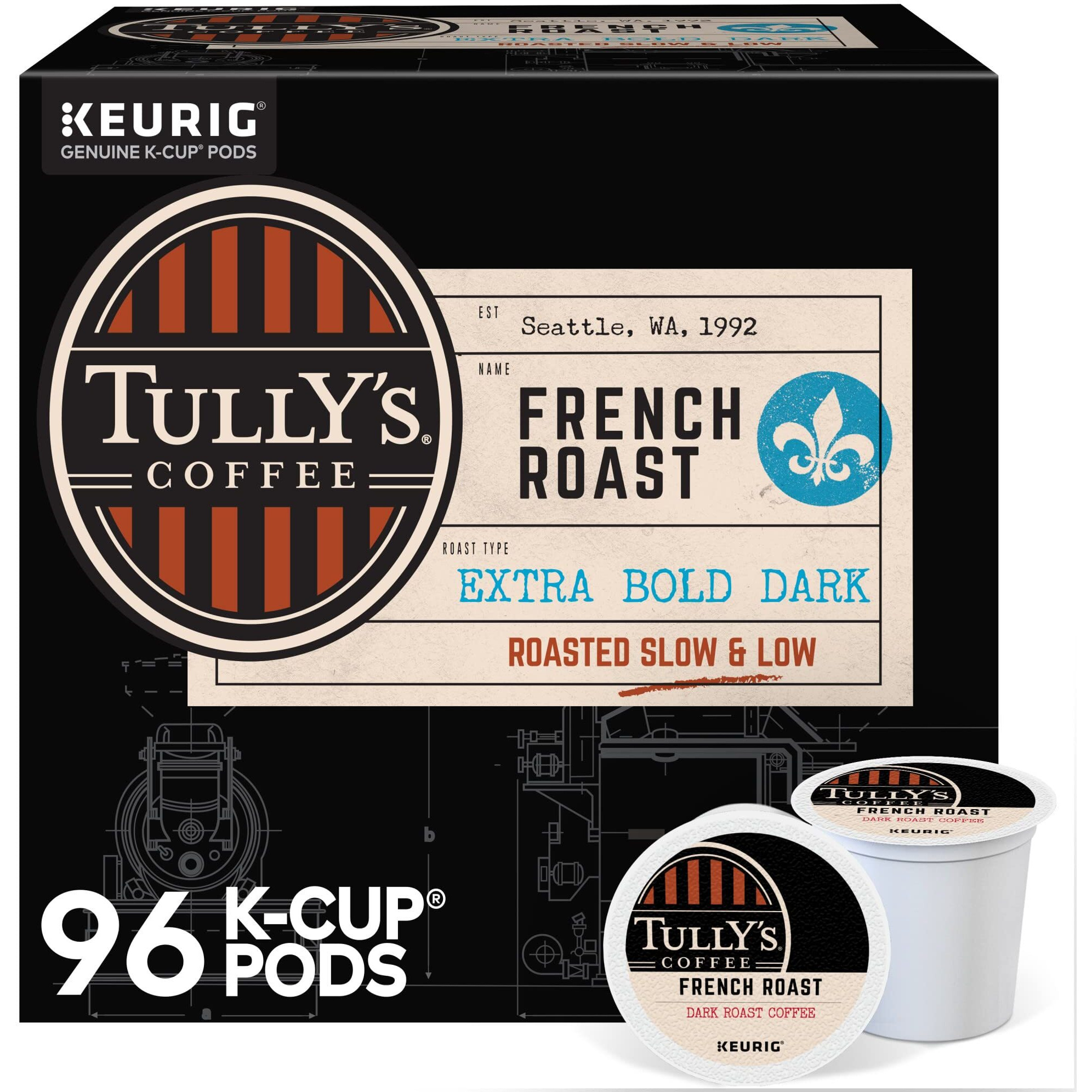 Tully's Coffee French Roast, Keurig Single-Serve K-Cup Pods, Dark Roast, 96 Count (4 Packs Of 24)