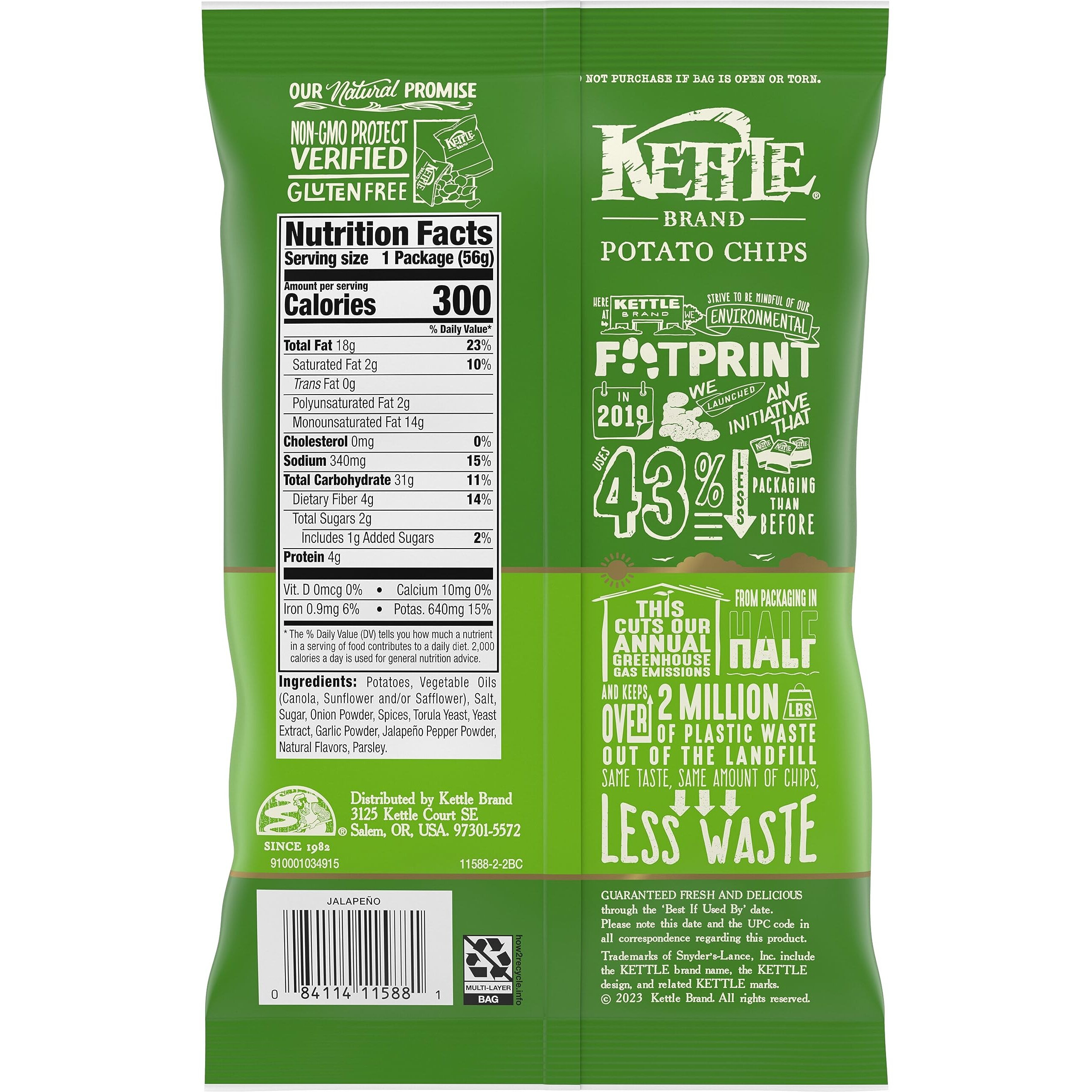 Kettle Brand Potato Chips, Jalapeno Kettle Chips, Snack Bag, 2 Oz (Pack Of 6)