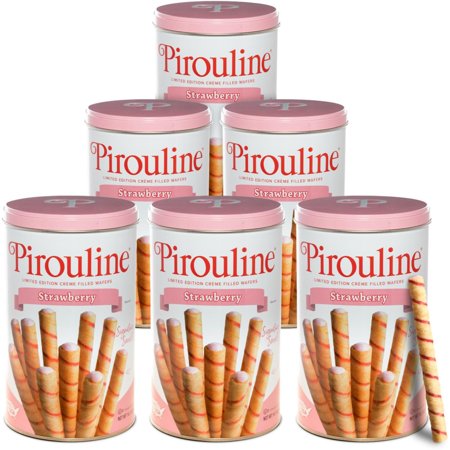 Pirouline Rolled Wafers - Strawberry - Rolled Wafer Sticks, Crme Filled Wafers, Rolled Cookies For Coffee, Tea, Ice Cream, Snacks, Parties, Gifts, And More - 14.1Oz Tin 6 Pack