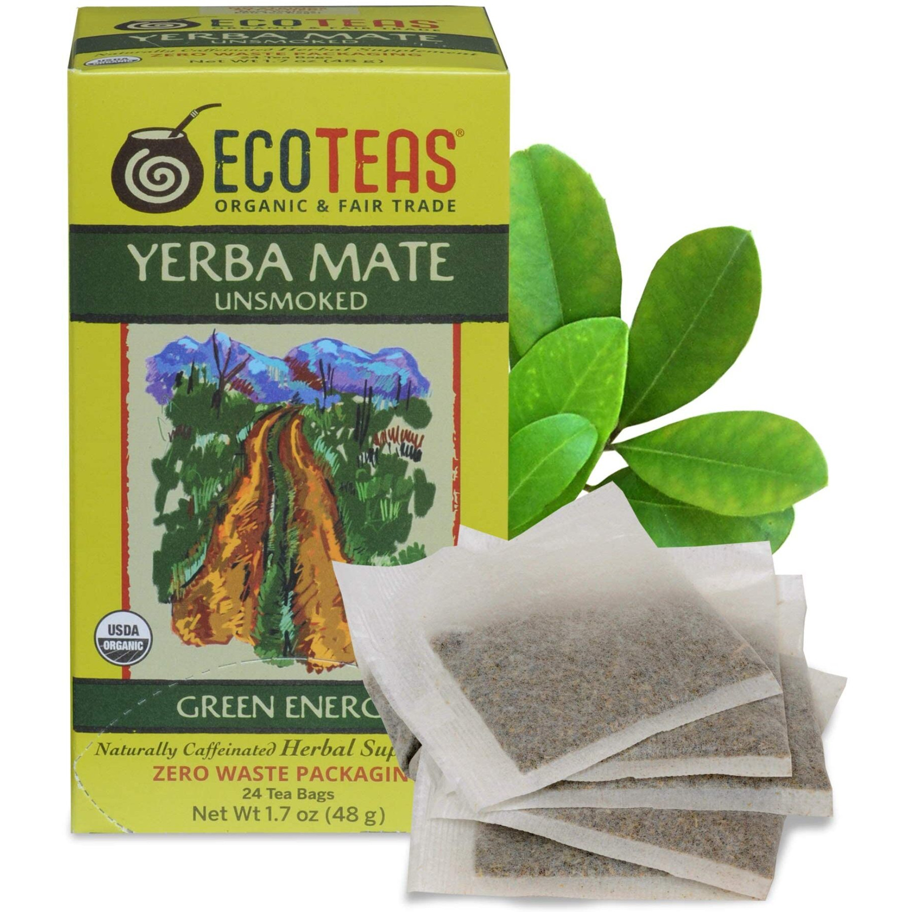 Ecoteas Organic Unsmoked Yerba Mate Tea Bags - 24 Count, 1.7 Oz - Organic Detox Tea - Hi Caf Tea - Clean Yerba Mate Energy Burst - Ecoteas Yerba Mate