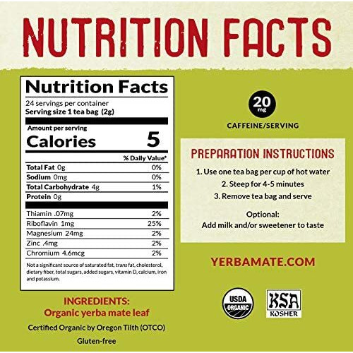 Ecoteas Organic Unsmoked Yerba Mate Tea Bags - 24 Count, 1.7 Oz - Organic Detox Tea - Hi Caf Tea - Clean Yerba Mate Energy Burst - Ecoteas Yerba Mate
