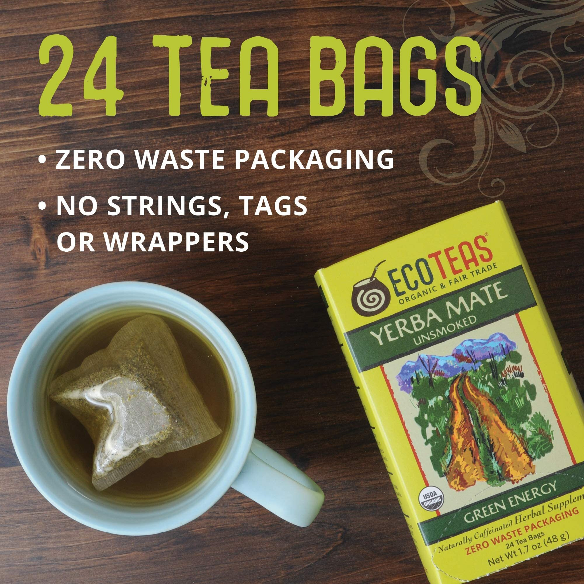 Ecoteas Organic Unsmoked Yerba Mate Tea Bags - 24 Count, 1.7 Oz - Organic Detox Tea - Hi Caf Tea - Clean Yerba Mate Energy Burst - Ecoteas Yerba Mate