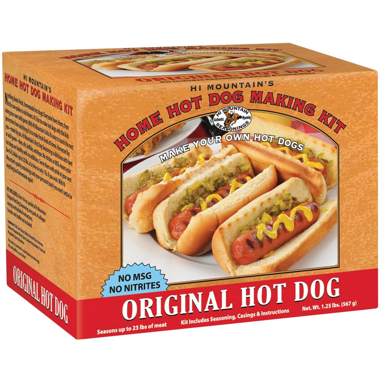 Hi Mountain Seasonings | Original Hot Dog Making Kit | Includes Seasoning, Collagen Casings, And Simple-To-Follow Directions | Creates 23 Lbs Of Delicious Hot Dogs