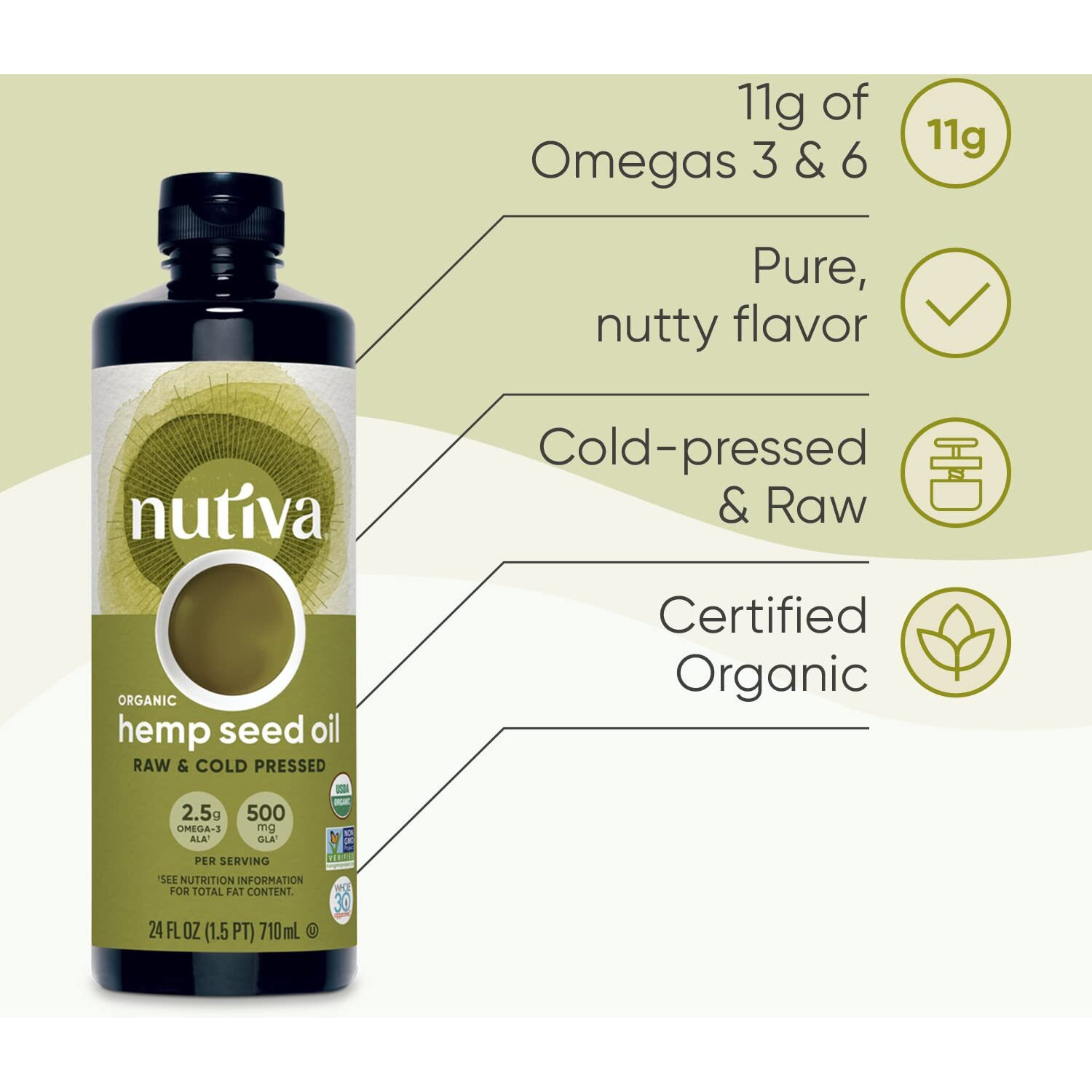 Nutiva Organic Cold-Pressed Unrefined Raw Hemp Seed Oil, 24 Ounce, Usda Organic, Non-Gmo, Whole 30 Approved, Vegan, Gluten-Free & Keto, Rich In Omega 3 & 6 Fatty Acids