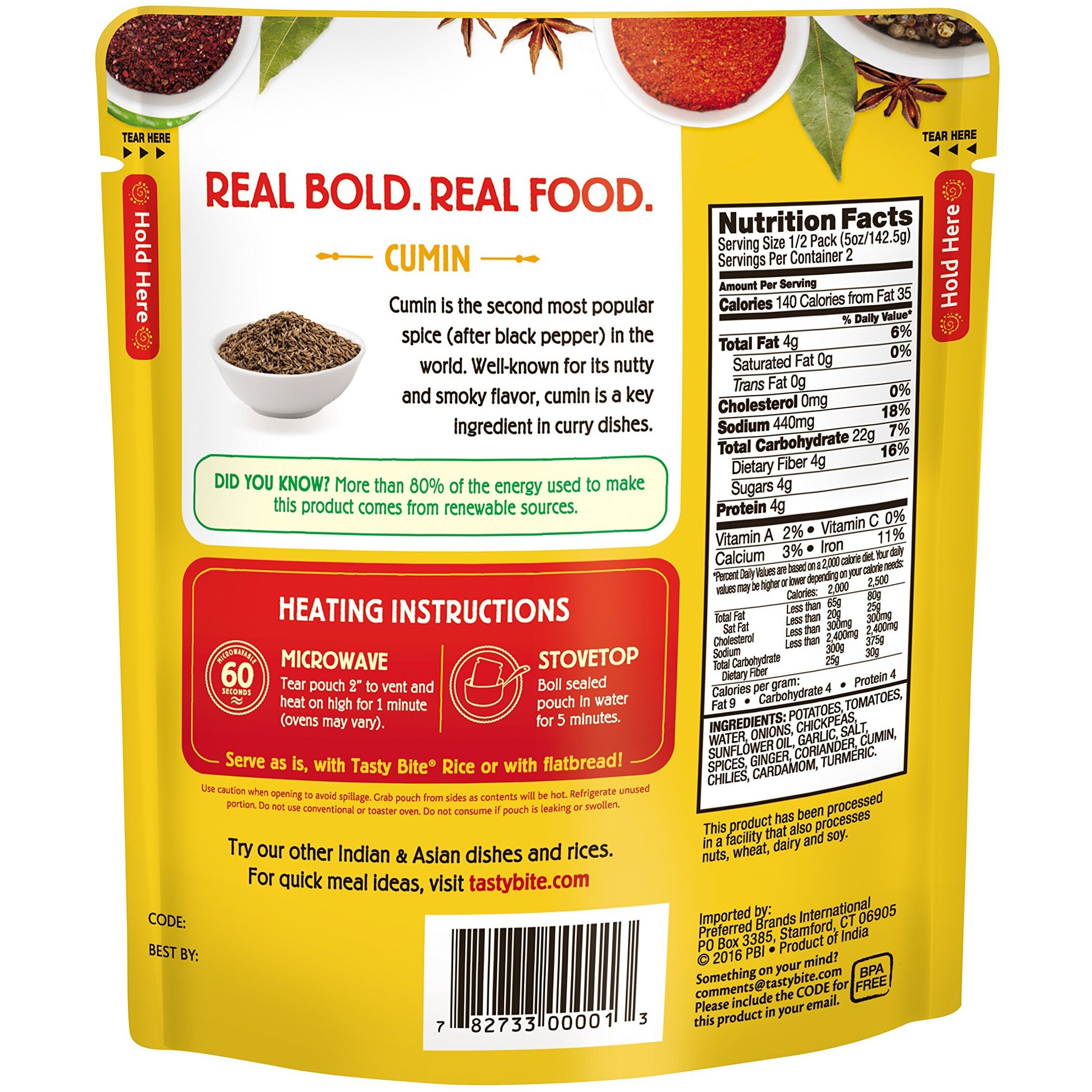 Tasty Bite Indian Bombay Potatoes, Microwaveable Ready To Eat Entr  E, 10 Ounce (Pack Of 6)