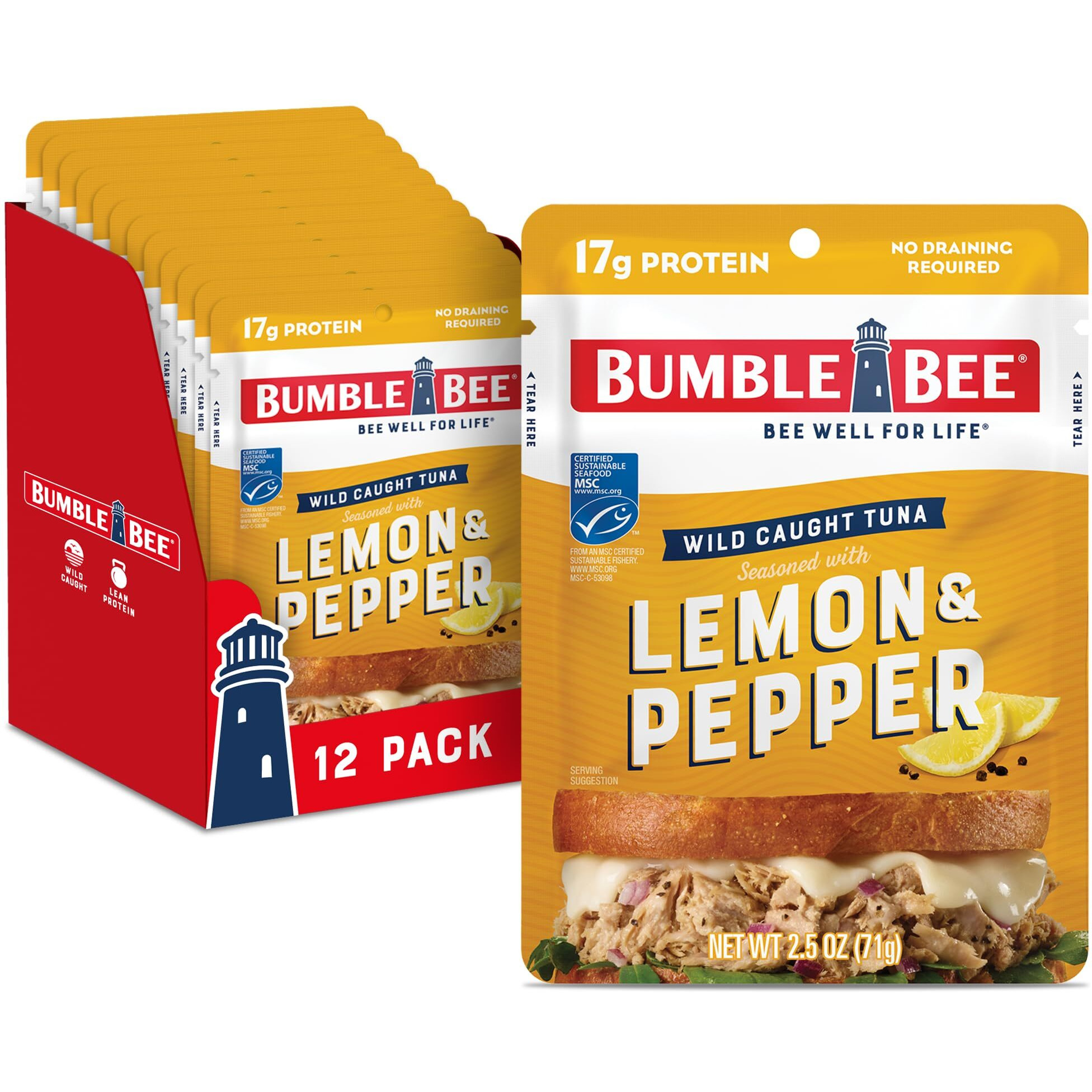 Bumble Bee Lemon & Pepper Seasoned Tuna, 2.5 Oz Pouches (Pack Of 12) - Ready To Eat - Wild Caught Tuna Pouch - 17G Protein Per Serving - Gluten Free