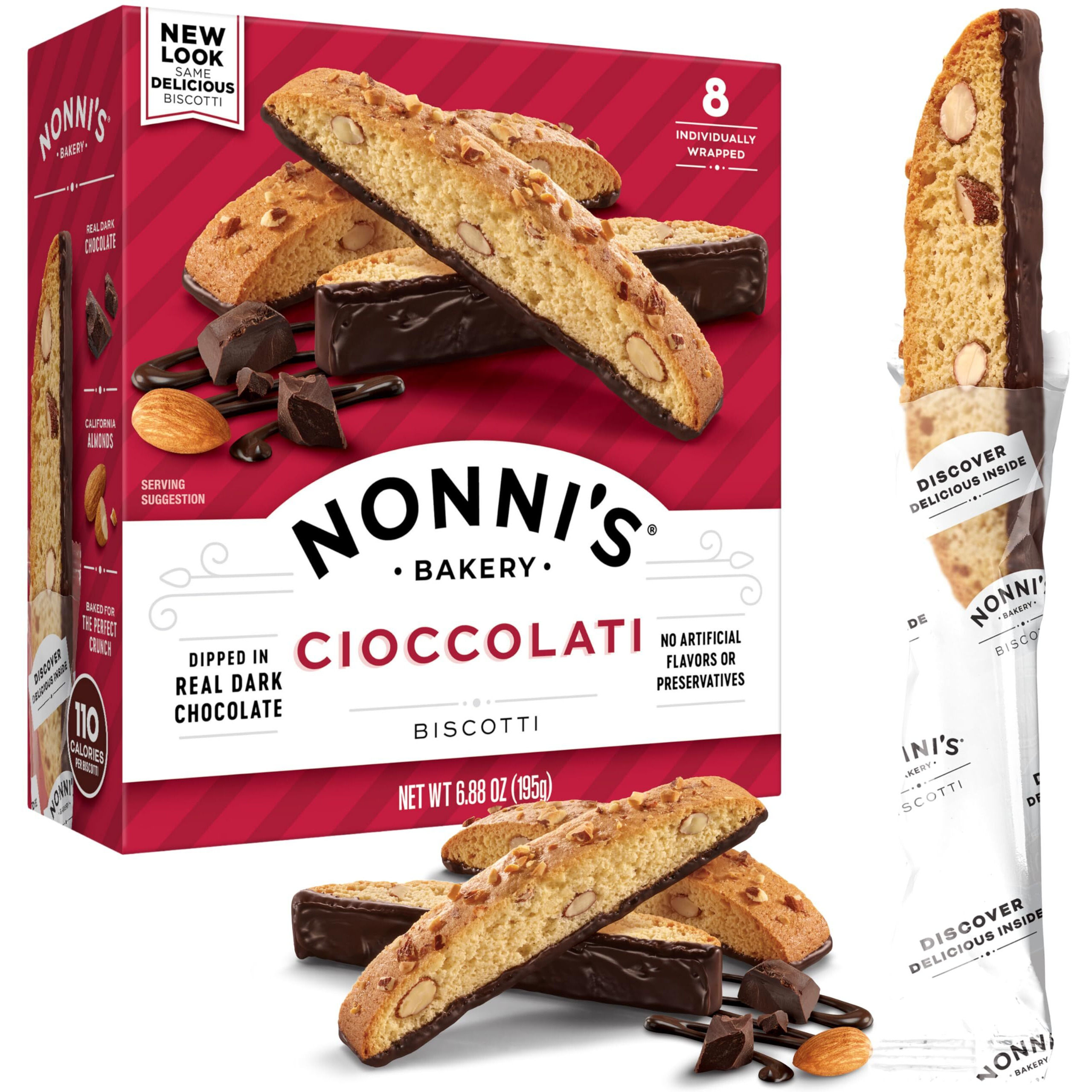 Nonni's Cioccolati Biscotti Italian Cookies - Biscotti Individually Wrapped - Italian Biscotti Cookies Made W/ Premium California Almonds & Dark Chocolate - Kosher - 6.88 Oz