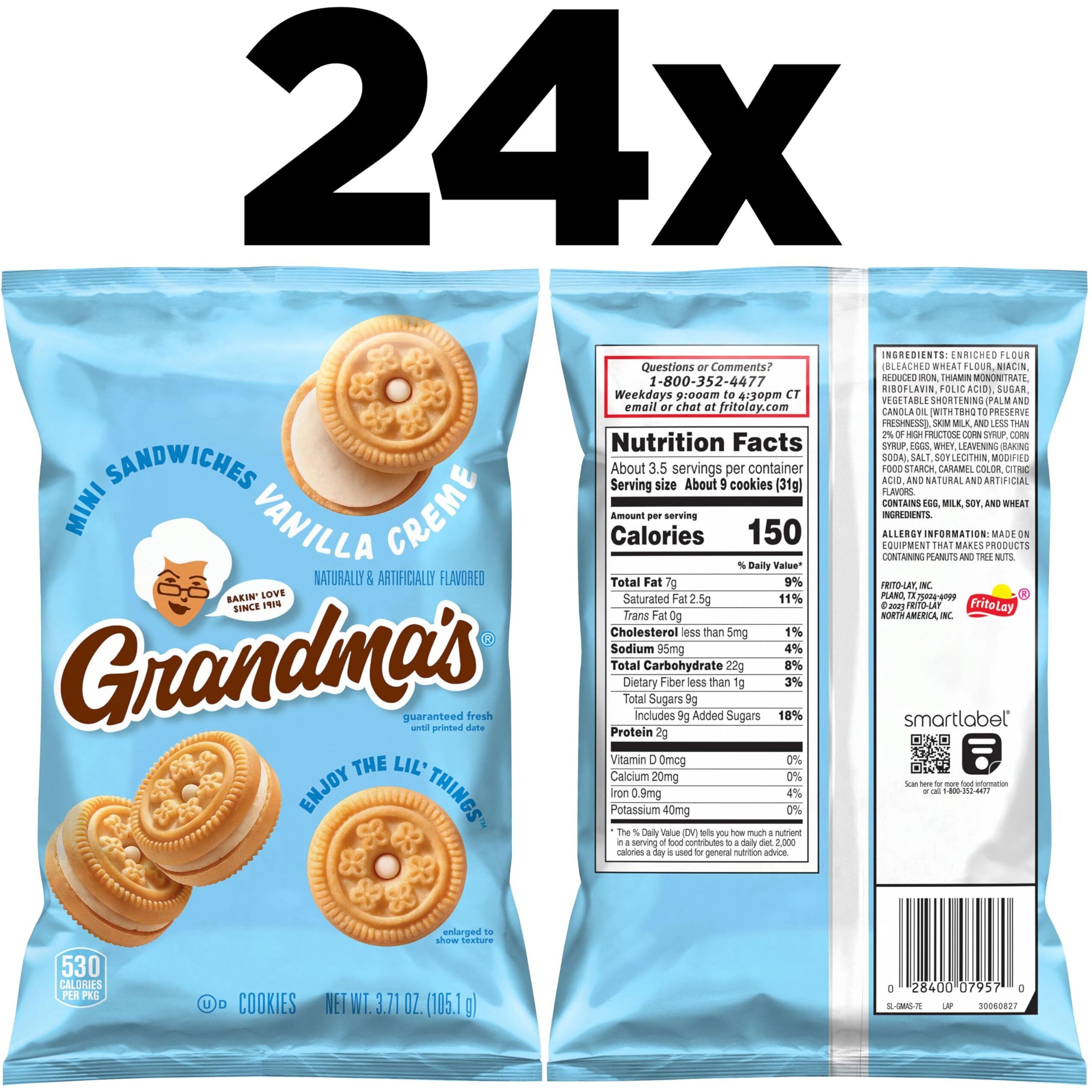 Grandmas Mini Cookies, Vanilla Sandwich Crme Cookies, 3.71 Oz Cookie Bag, (24 Pack) (Packaging May Vary)