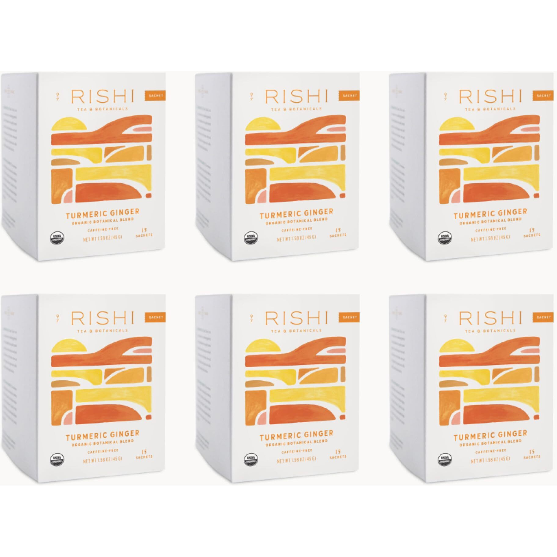 Rishi Tea Turmeric Ginger Herbal Tea | Usda Organic Direct Trade Sachet Tea Bags, Certified Kosher, Caffeine Free Ayurvedic Tea Blend, Immune Support With Citrus For Taste | 15 Count (Pack Of 6)