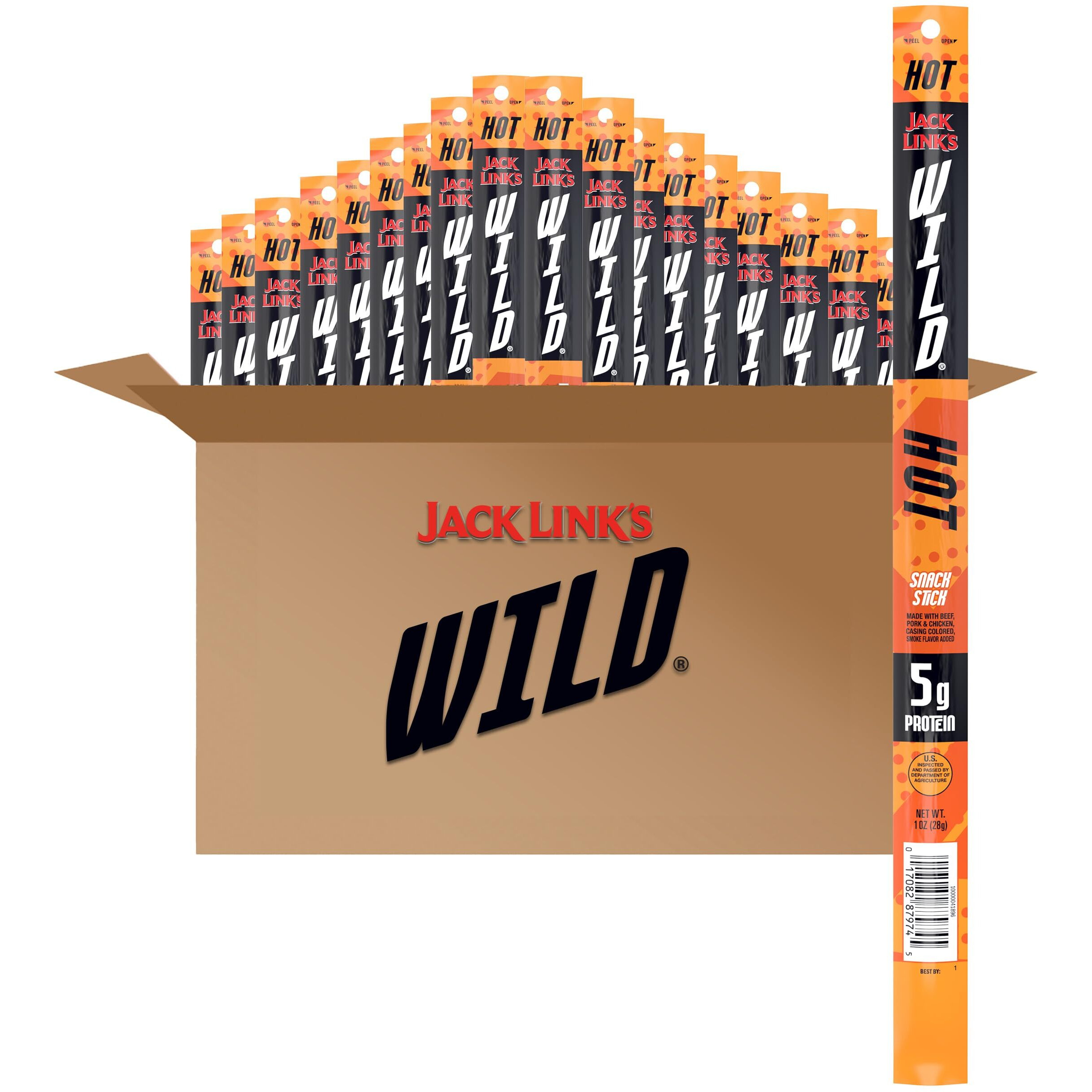 Jack Link's Wild Beef Sticks, Hot Spicy Meat Snack, Meat Stick With 6G Of Protein, Individually Wrapped Beef Snack Sticks, 1 Oz. (20 Count)