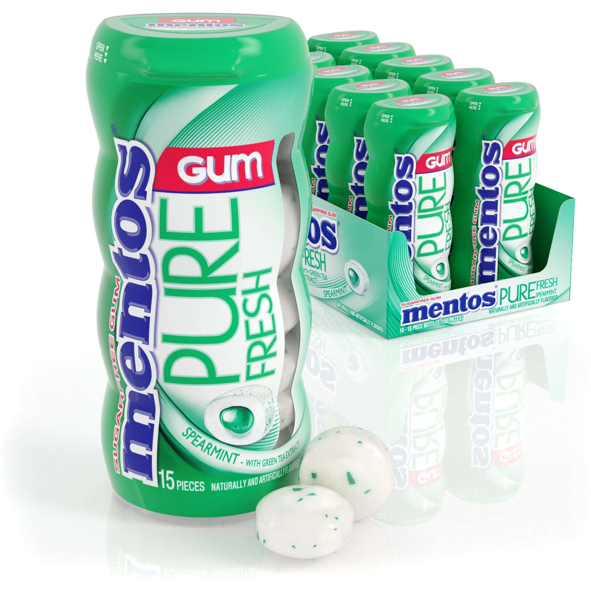 Mentos Pure Fresh Sugar-Free Chewing Gum With Xylitol, Spearmint, 15 Piece Bottle (Bulk Pack Of 10)