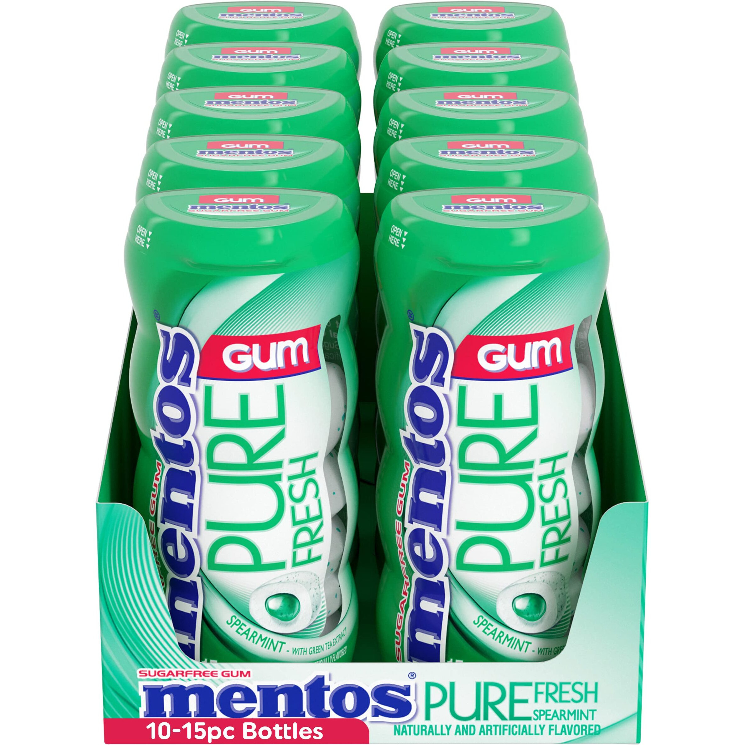Mentos Pure Fresh Sugar-Free Chewing Gum With Xylitol, Spearmint, 15 Piece Bottle (Bulk Pack Of 10)