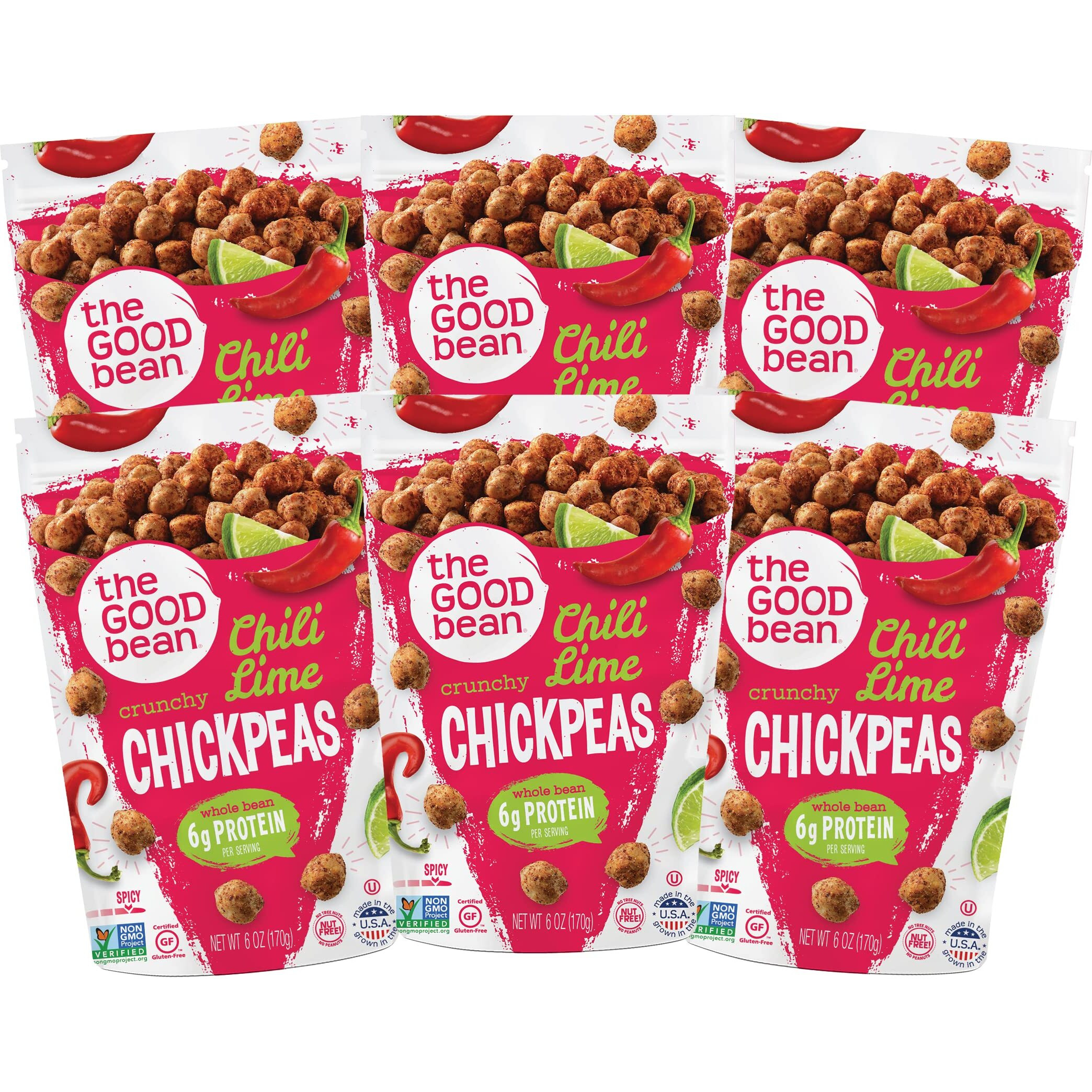 The Good Bean Crunchy Chickpeas - Chili Lime - Resealable Bag - Roasted Chickpea Beans - Vegan Snack With Good Source Of Plant Protein And Fiber, 6 Oz (Pack Of 6)