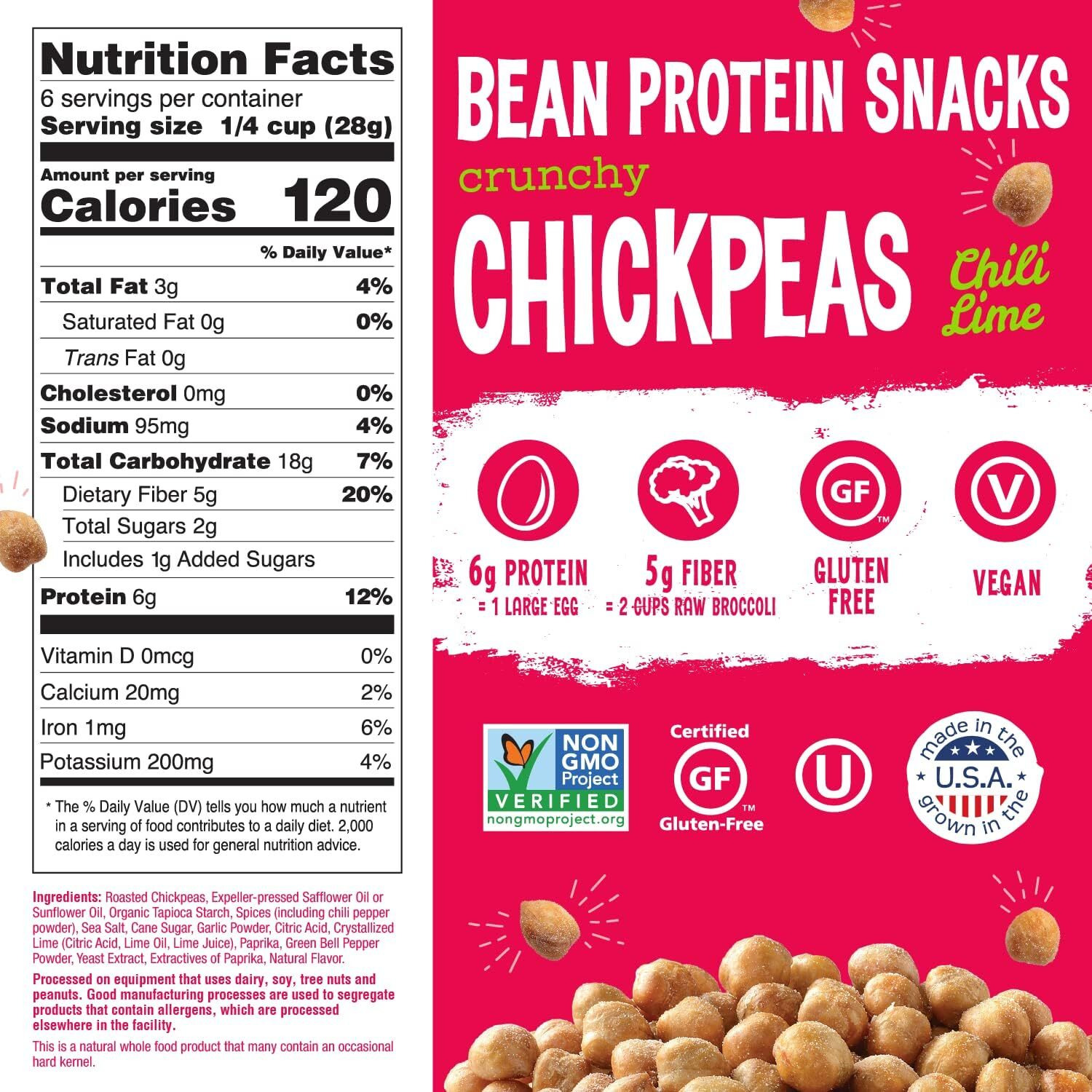 The Good Bean Crunchy Chickpeas - Chili Lime - Resealable Bag - Roasted Chickpea Beans - Vegan Snack With Good Source Of Plant Protein And Fiber, 6 Oz (Pack Of 6)