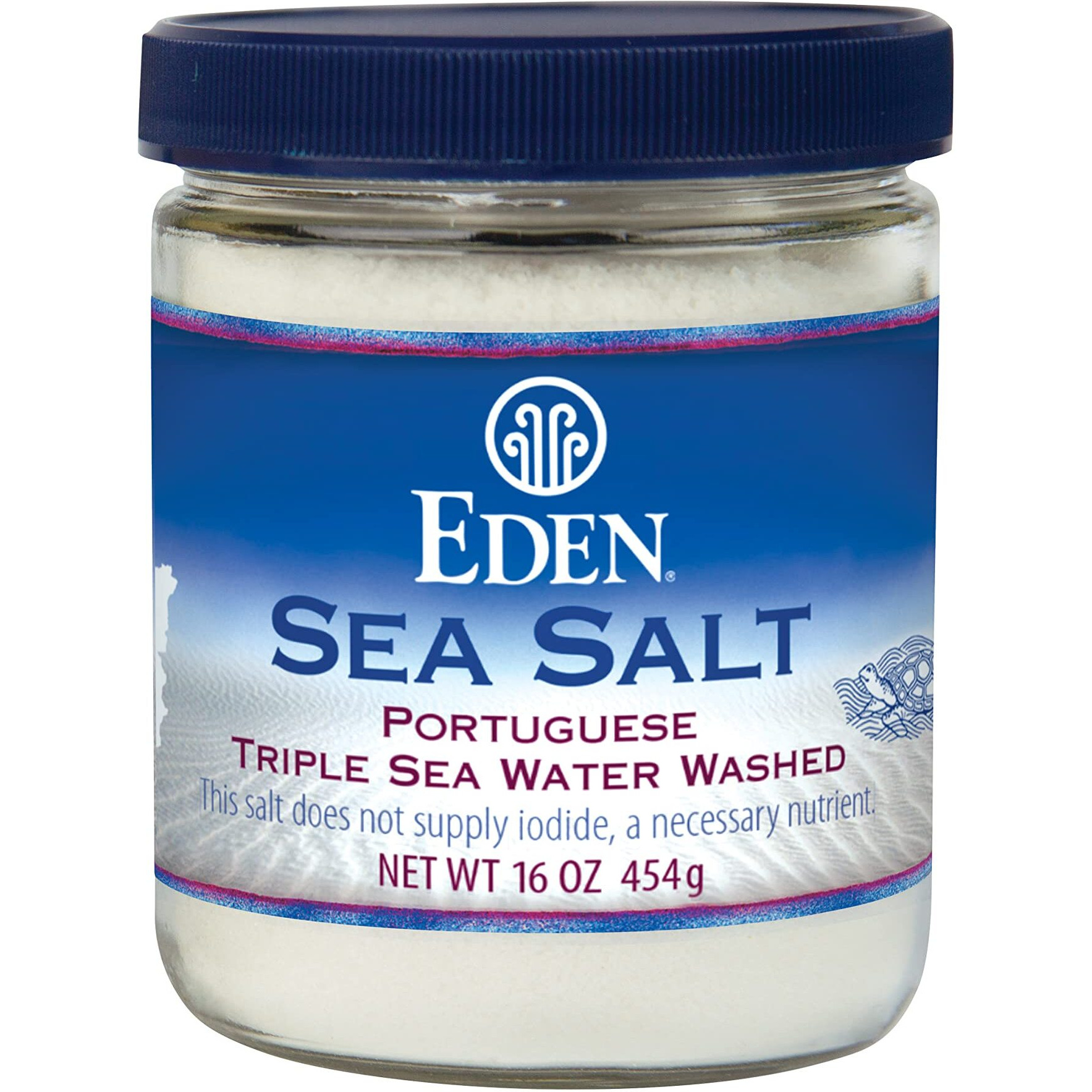 Eden Sea Salt, Hand Harvested Portuguese, Triple Sea Water Washed, Fine Grind, 82 Trace Minerals, Glass Jar, 16 Oz (1Lb)