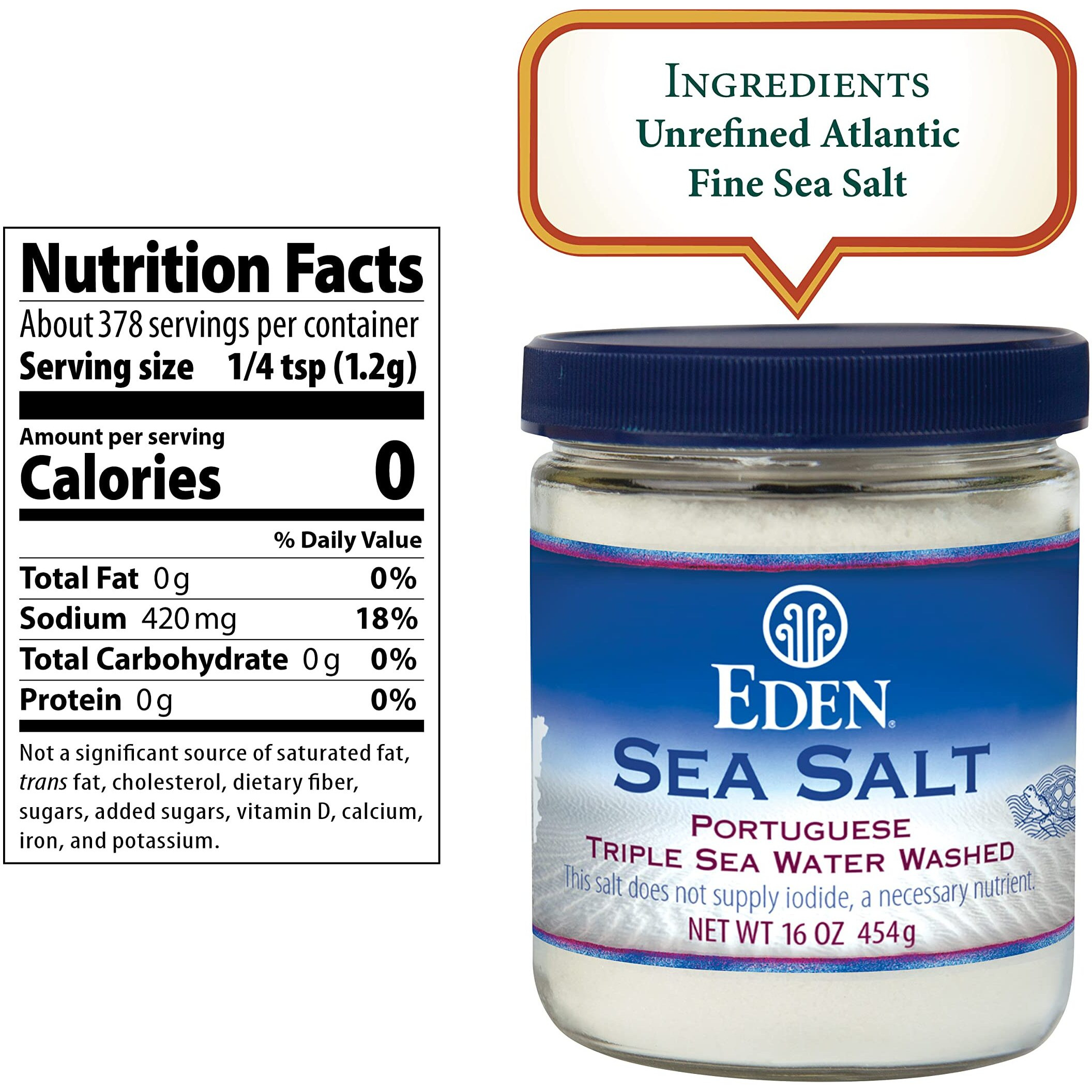 Eden Sea Salt, Hand Harvested Portuguese, Triple Sea Water Washed, Fine Grind, 82 Trace Minerals, Glass Jar, 16 Oz (1Lb)
