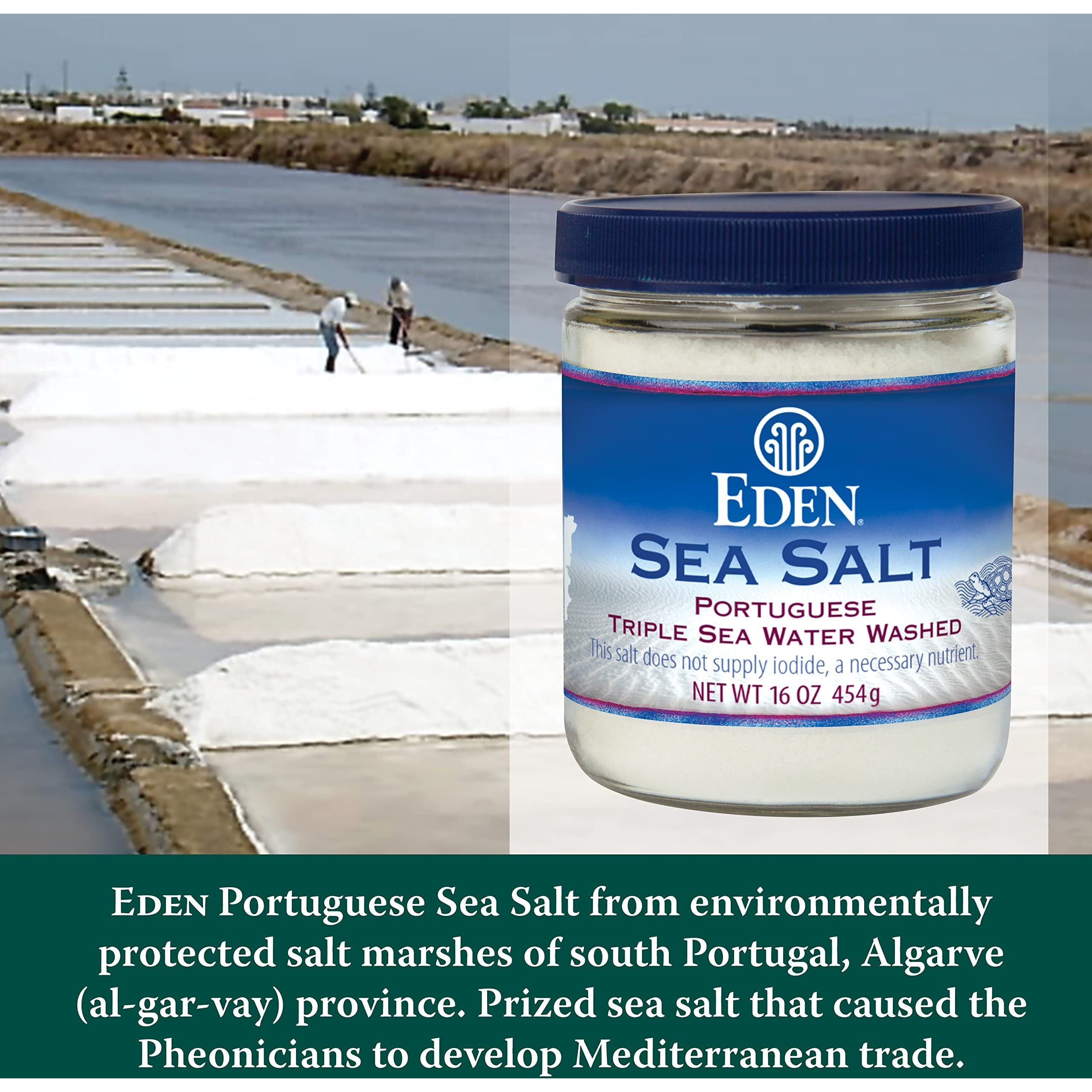 Eden Sea Salt, Hand Harvested Portuguese, Triple Sea Water Washed, Fine Grind, 82 Trace Minerals, Glass Jar, 16 Oz (1Lb)