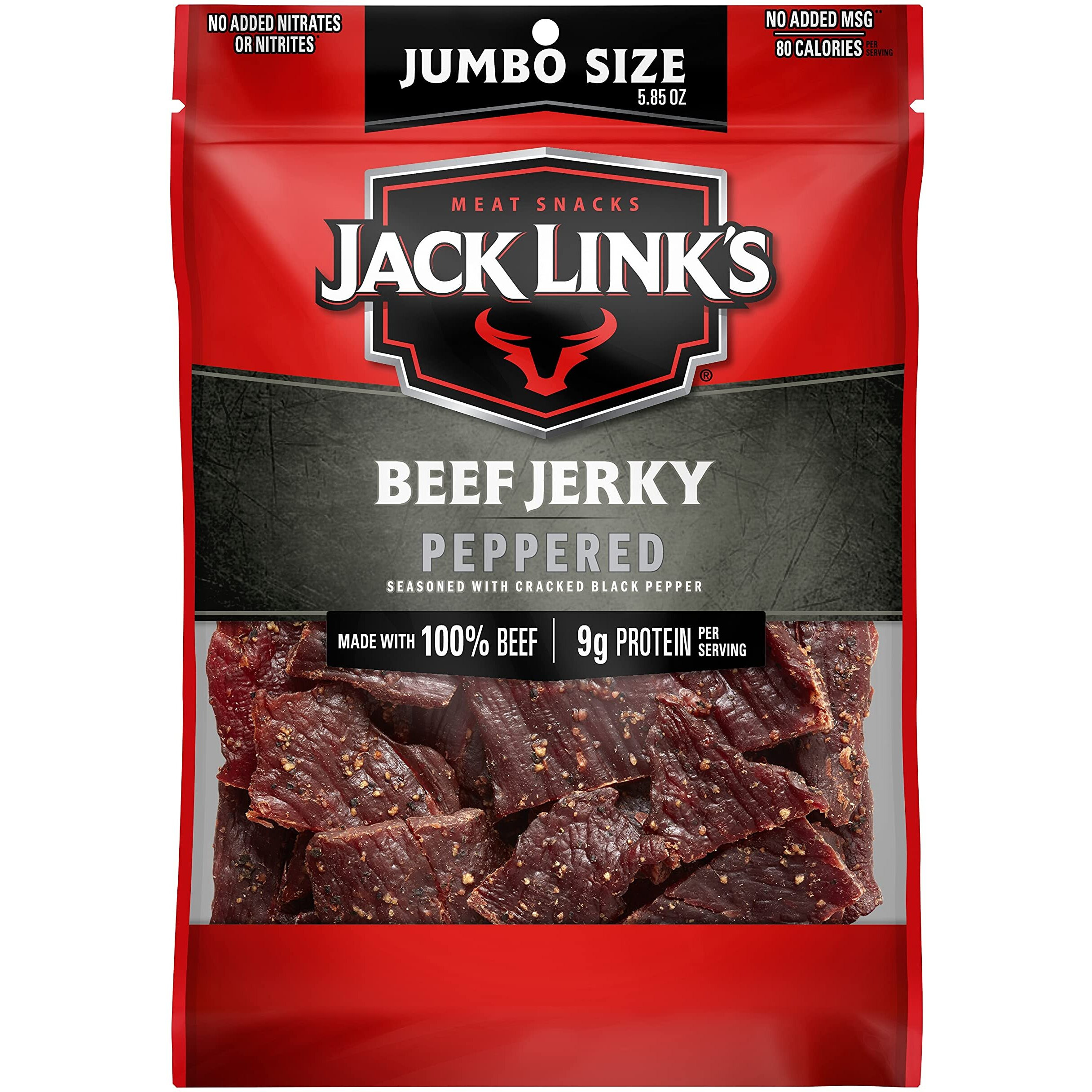 Jack Link's Beef Jerky, Peppered, Sharing Size Bag - Meat Snack With 9G Of Protein & 80 Calories, Made With Premium Beef, No Added Msg** Or Nitrates/Nitrites, 5.85Oz