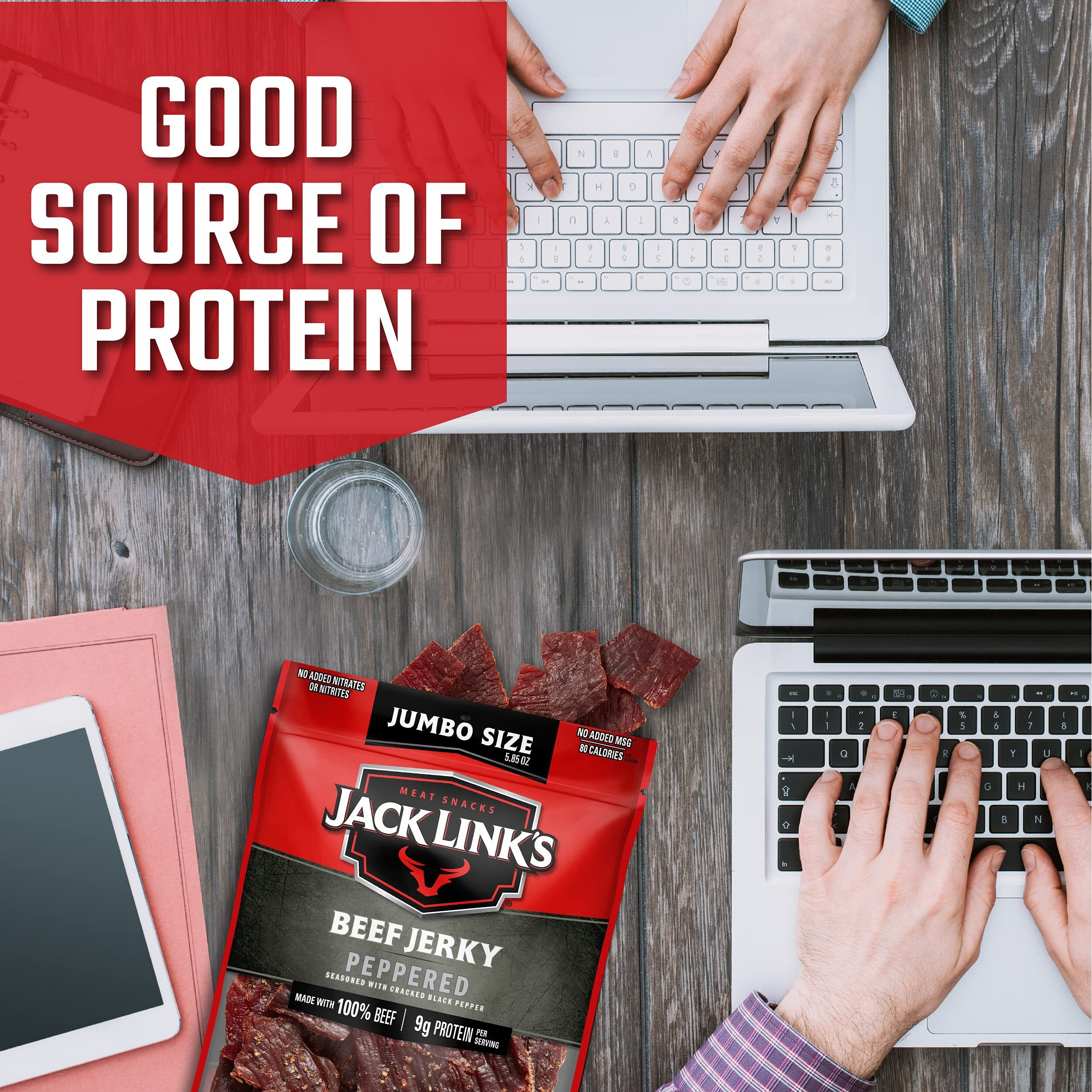 Jack Link's Beef Jerky, Peppered, Sharing Size Bag - Meat Snack With 9G Of Protein & 80 Calories, Made With Premium Beef, No Added Msg** Or Nitrates/Nitrites, 5.85Oz