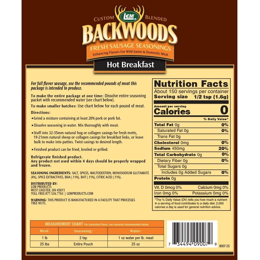 Lem Products Backwoods Hot Breakfast Fresh Sausage Seasoning, Ideal For Wild Game And Domestic Meat, Seasons Up To 25 Pounds Of Meat, 8.3 Ounce Packet
