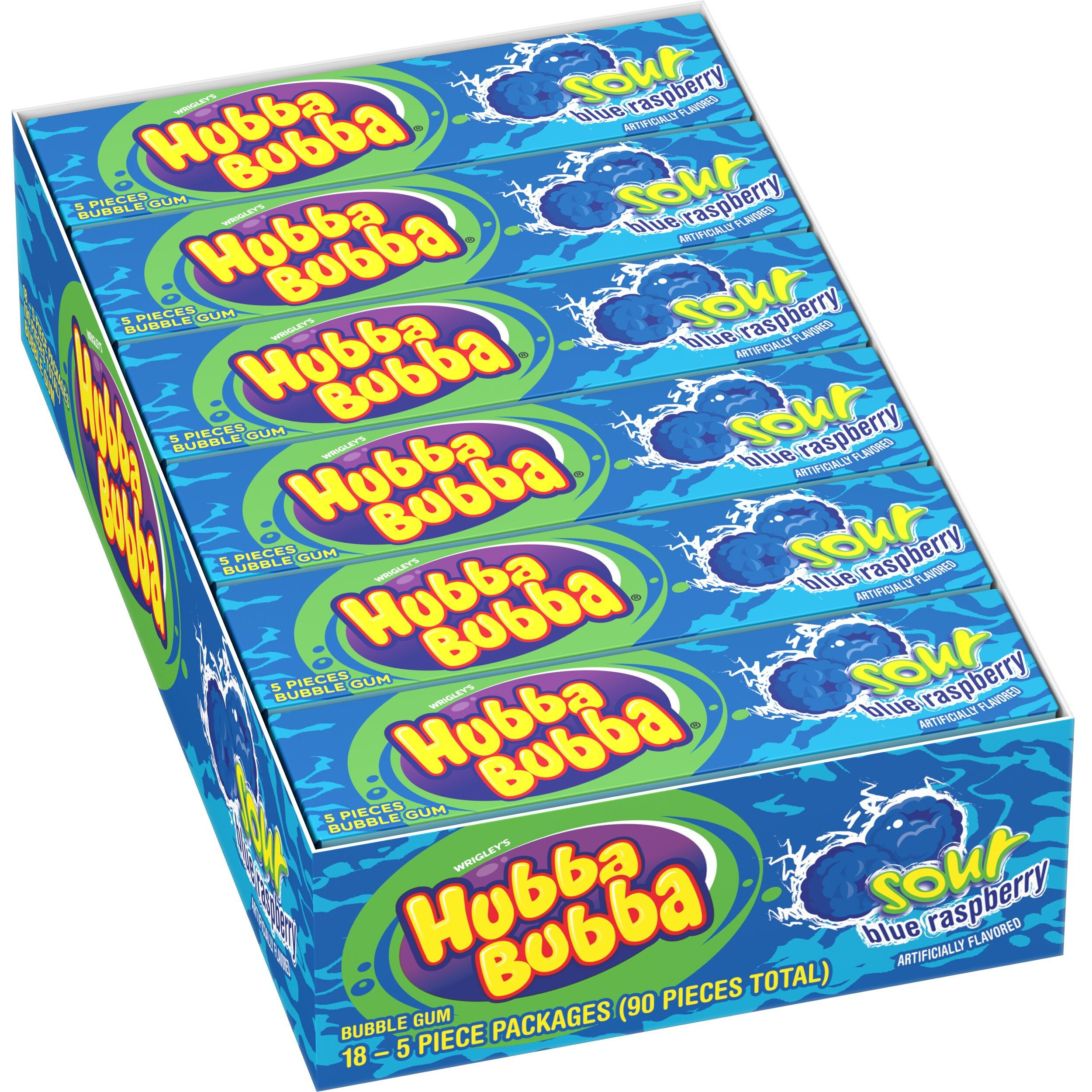 Hubba Bubba Sour Blue Raspberry Bubble Gum, 5 Piece (Pack Of 18)