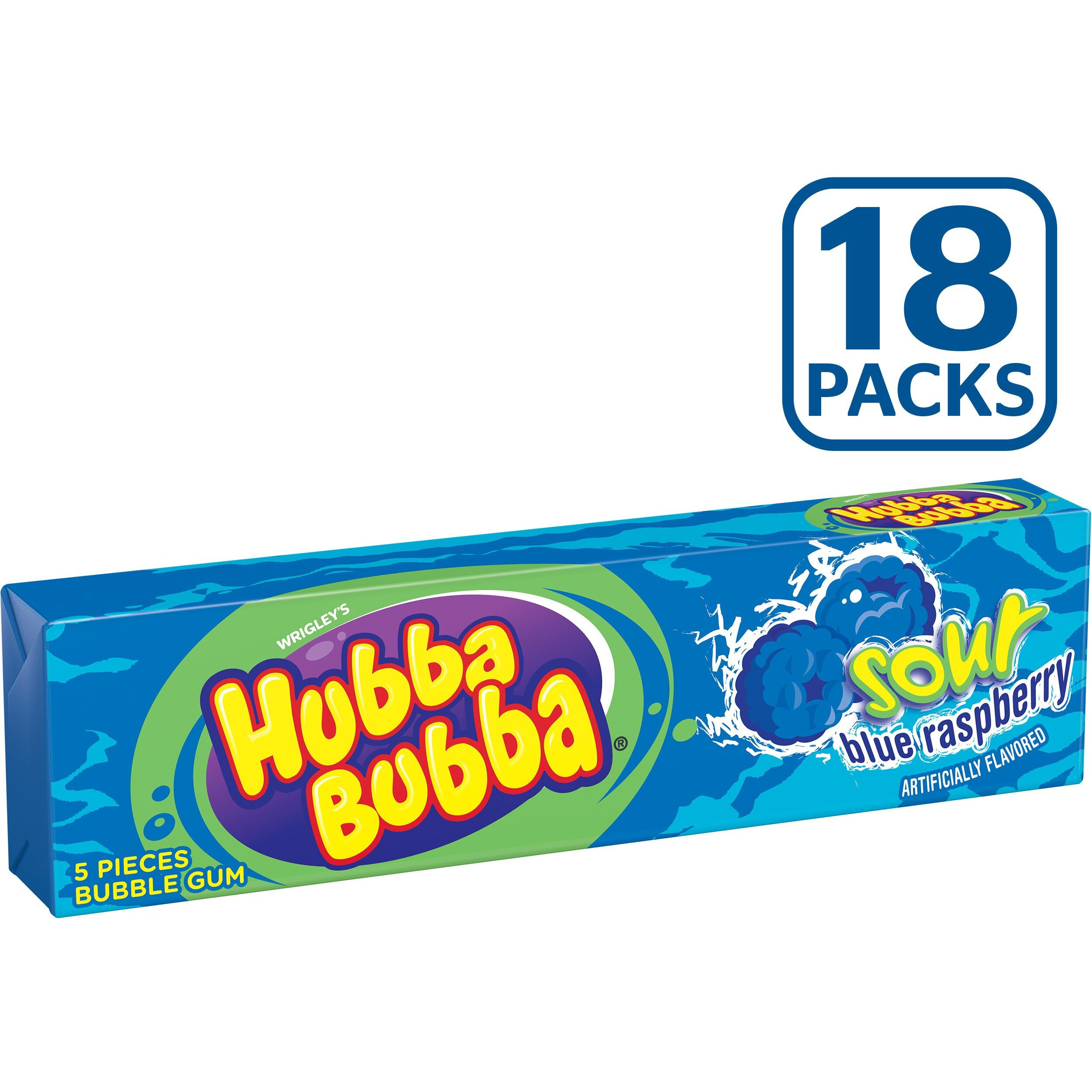 Hubba Bubba Sour Blue Raspberry Bubble Gum, 5 Piece (Pack Of 18)