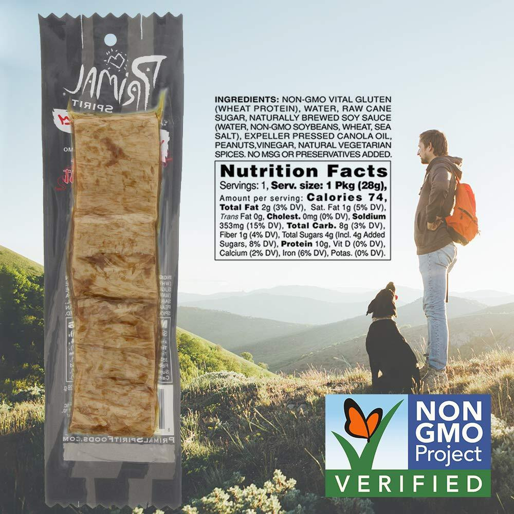 Primal Spirit Vegan Jerky - Classic Flavor    - Thai Peanut, 10 G. Plant Based Protein, Certified Non-Gmo, No Preservatives, Sports Friendly Packaging (24 Pack, 1 Oz)