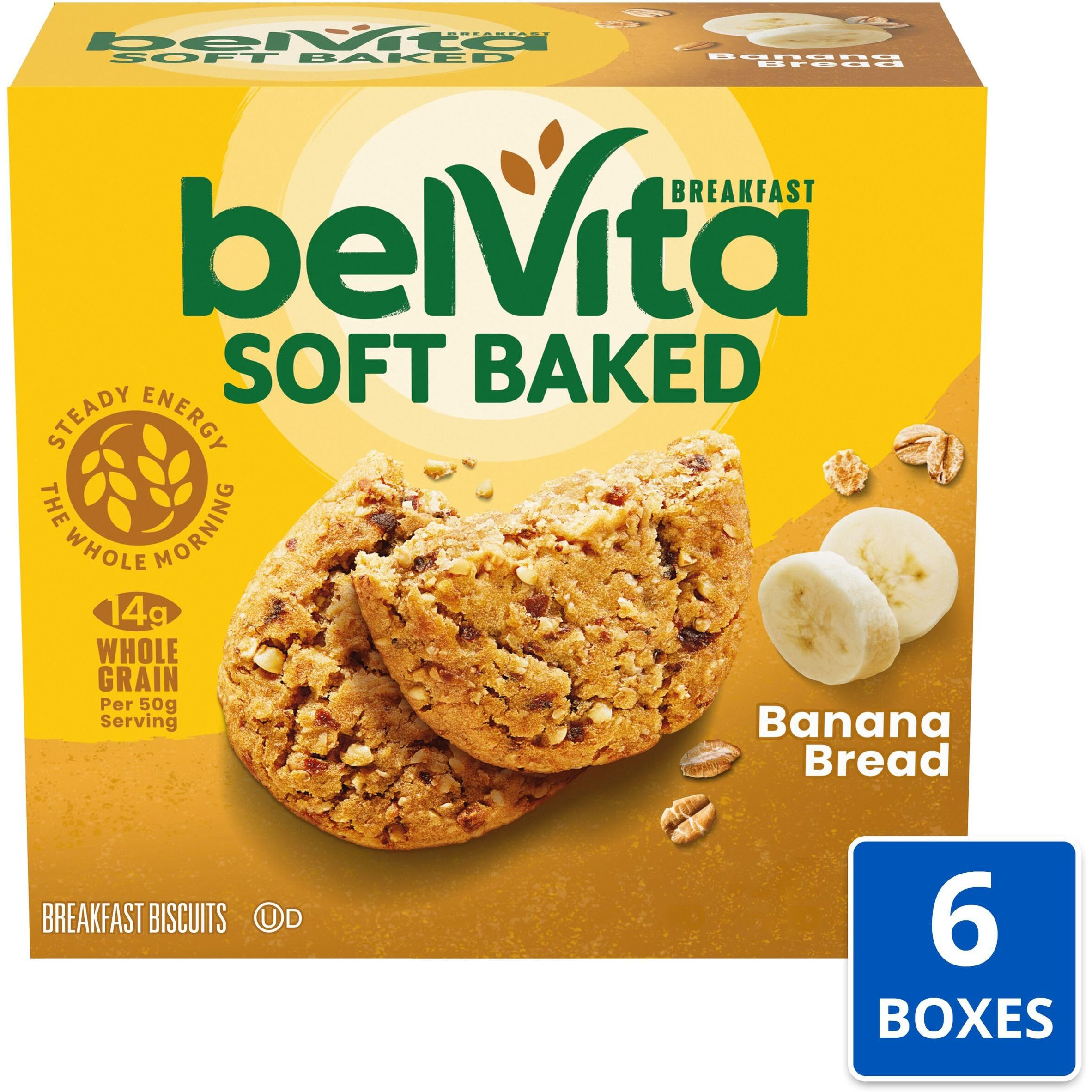 Belvita Soft Baked Banana Bread Breakfast Biscuits, 30 Total Packs, 6 Boxes (1 Biscuit Per Pack)