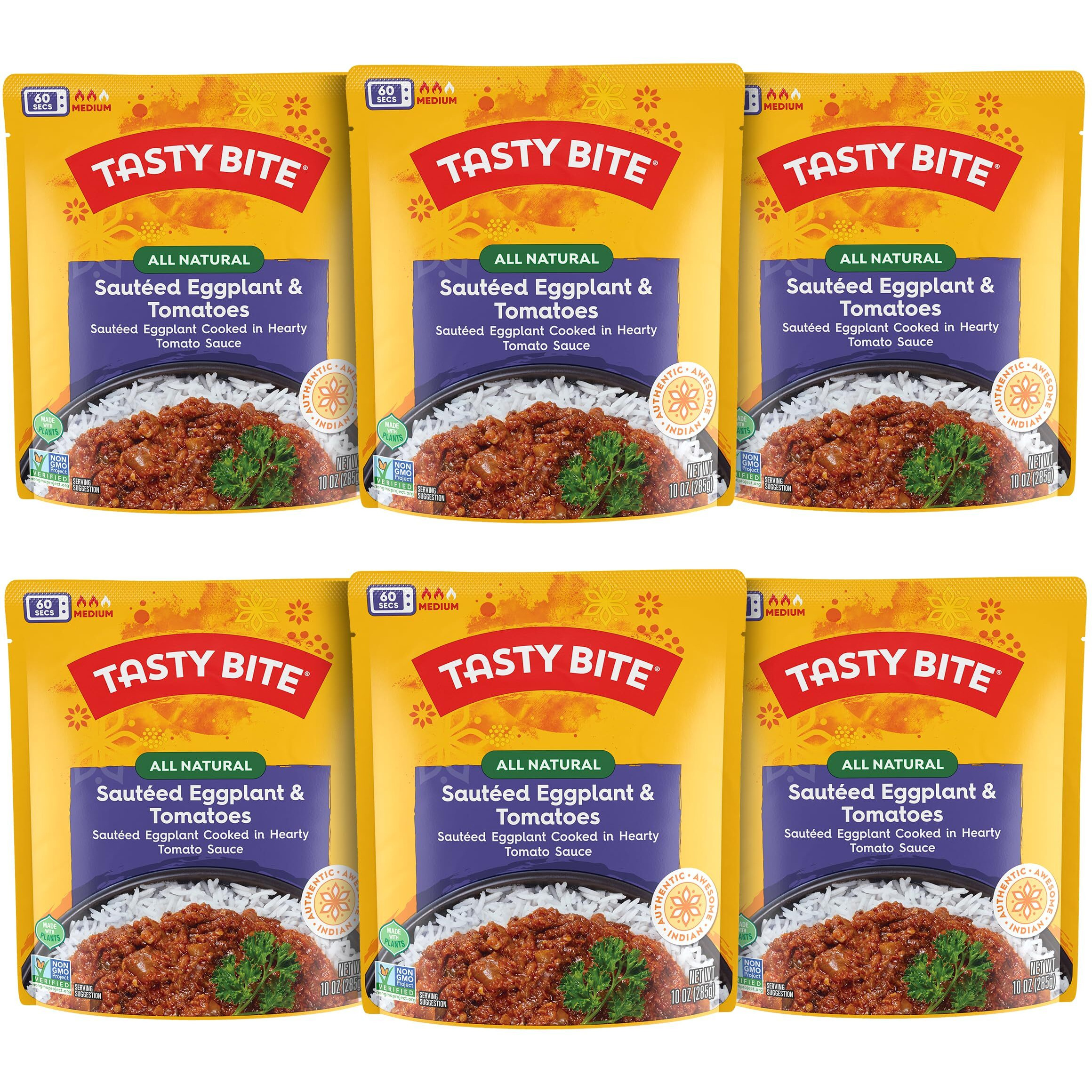 Tasty Bite Punjab Eggplant, 10 Ounce, Pack Of 6, Ready To Eat, Microwavable Entree, Vegan, Sweet & Spicy (Packaging May Vary)