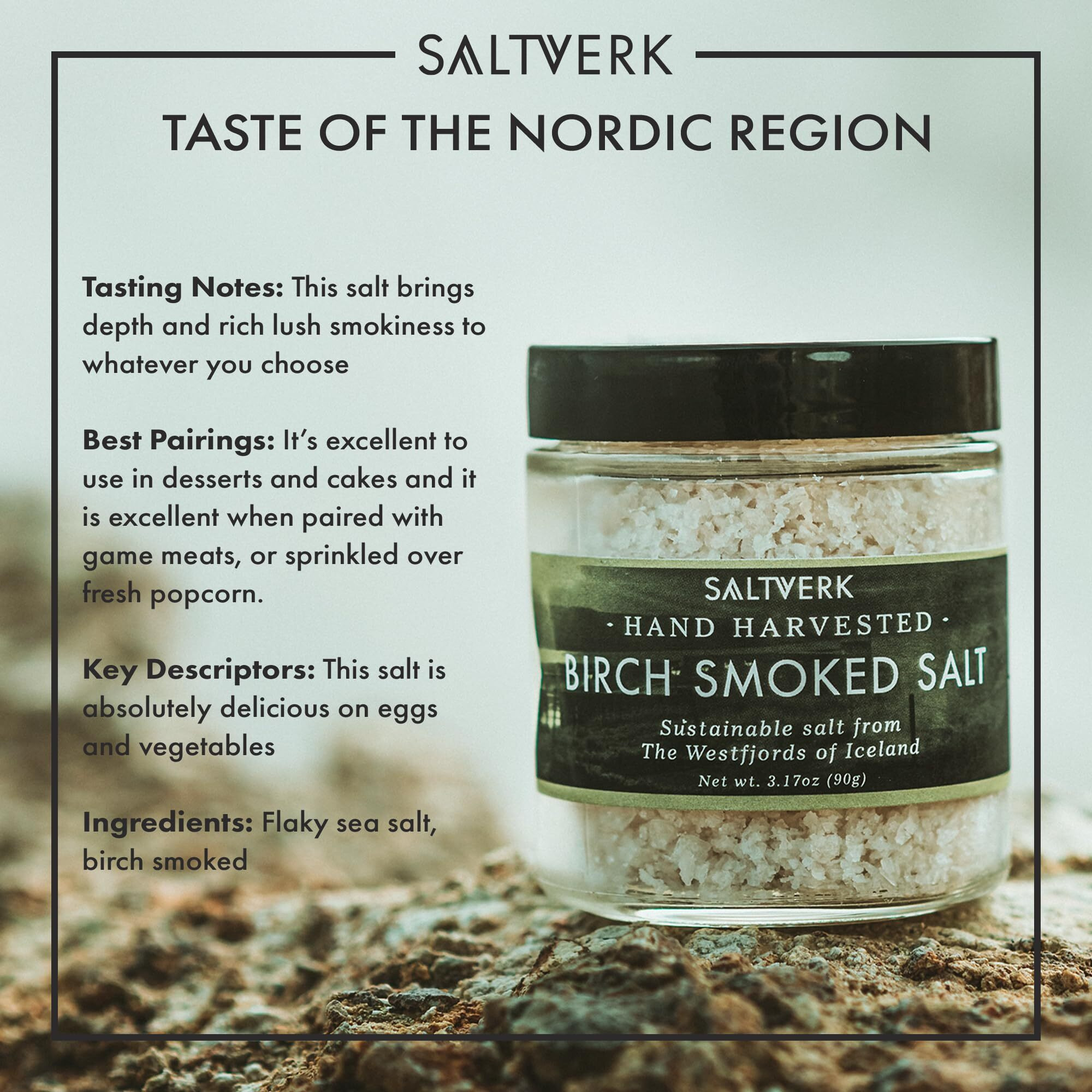 Saltverk Birch Smoked Sea Salt - 3.17 Ounces Jar - Hand Harvested Gourmet - Sustainably Made