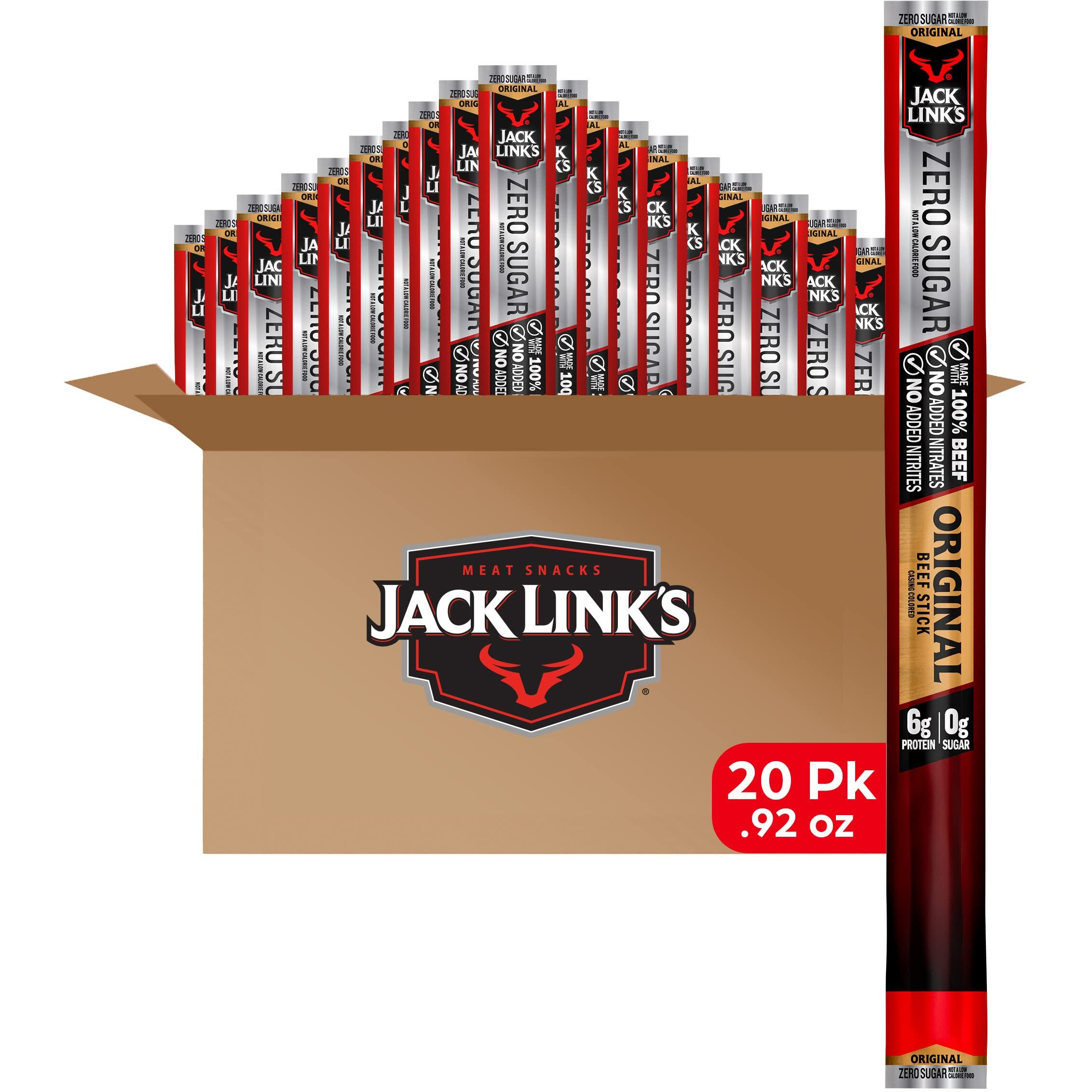 Jack Link's Beef Sticks, Zero Sugar, Original - Protein Snack, Meat Stick With 6G Of Protein, Made With 100% Beef, No Added Msg - 0.92 Oz (Pack Of 20)