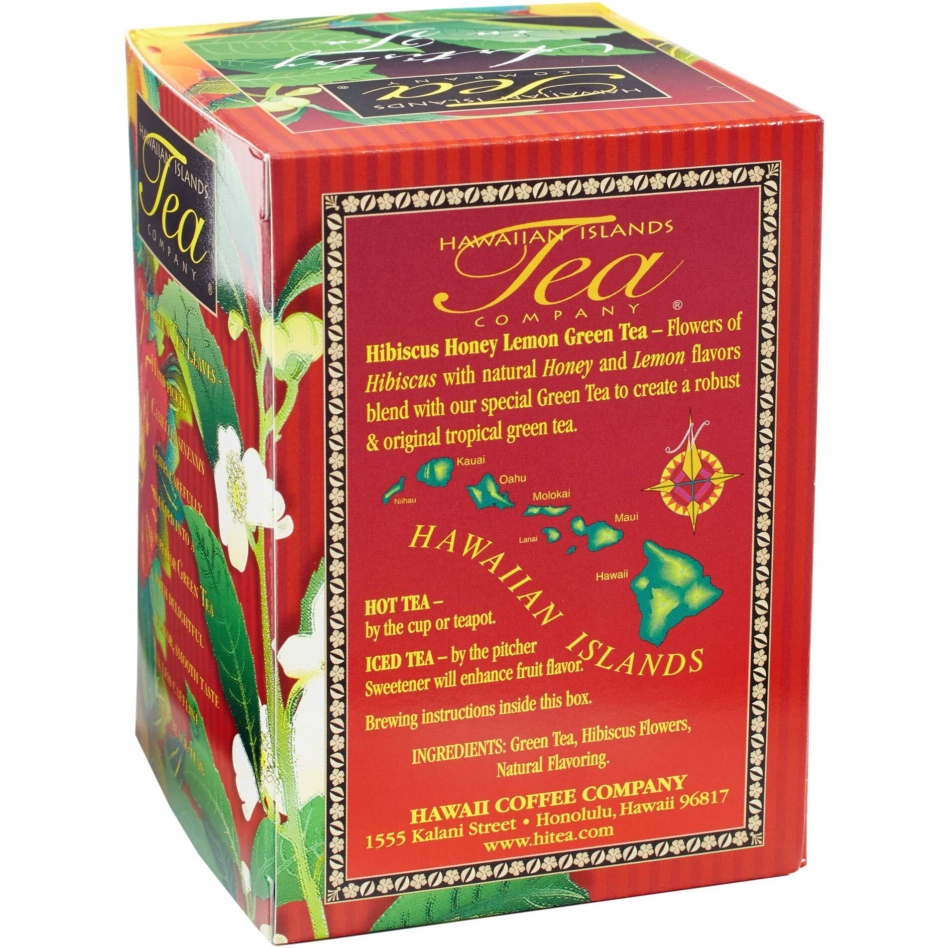 Hawaiian Islands Tea Company Hibiscus Honey Lemon Tropical Green Tea, All Natural - 20 Teabags (1 Box)