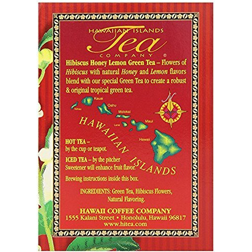 Hawaiian Islands Tea Company Hibiscus Honey Lemon Tropical Green Tea, All Natural - 20 Teabags (1 Box)
