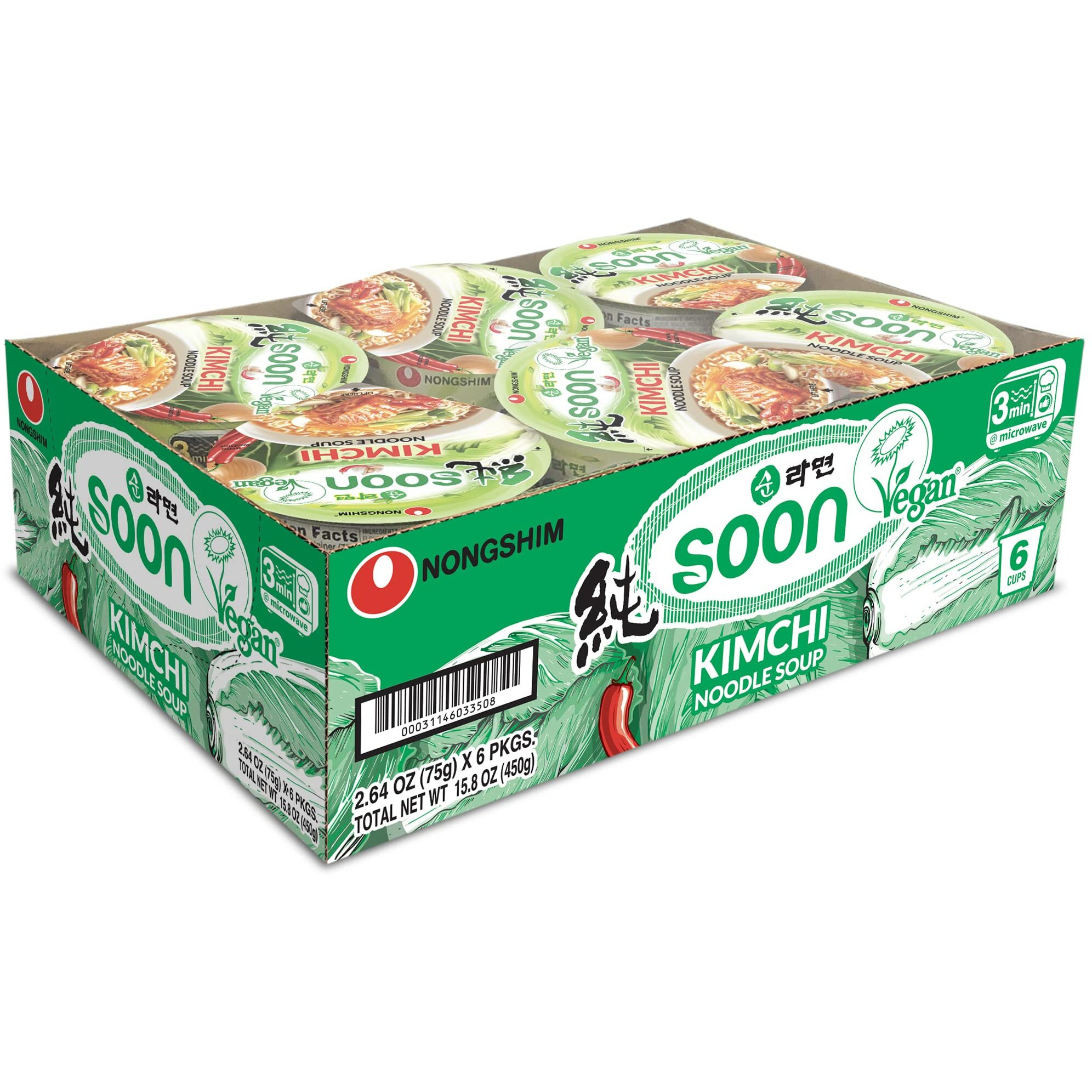 Nongshim Soon Kimchi Instant Vegan Ramen Noodle Soup Mix Cup, 6 Pack, Microwaveable Vegan Meatless Ramen, Real Kimchi Flakes
