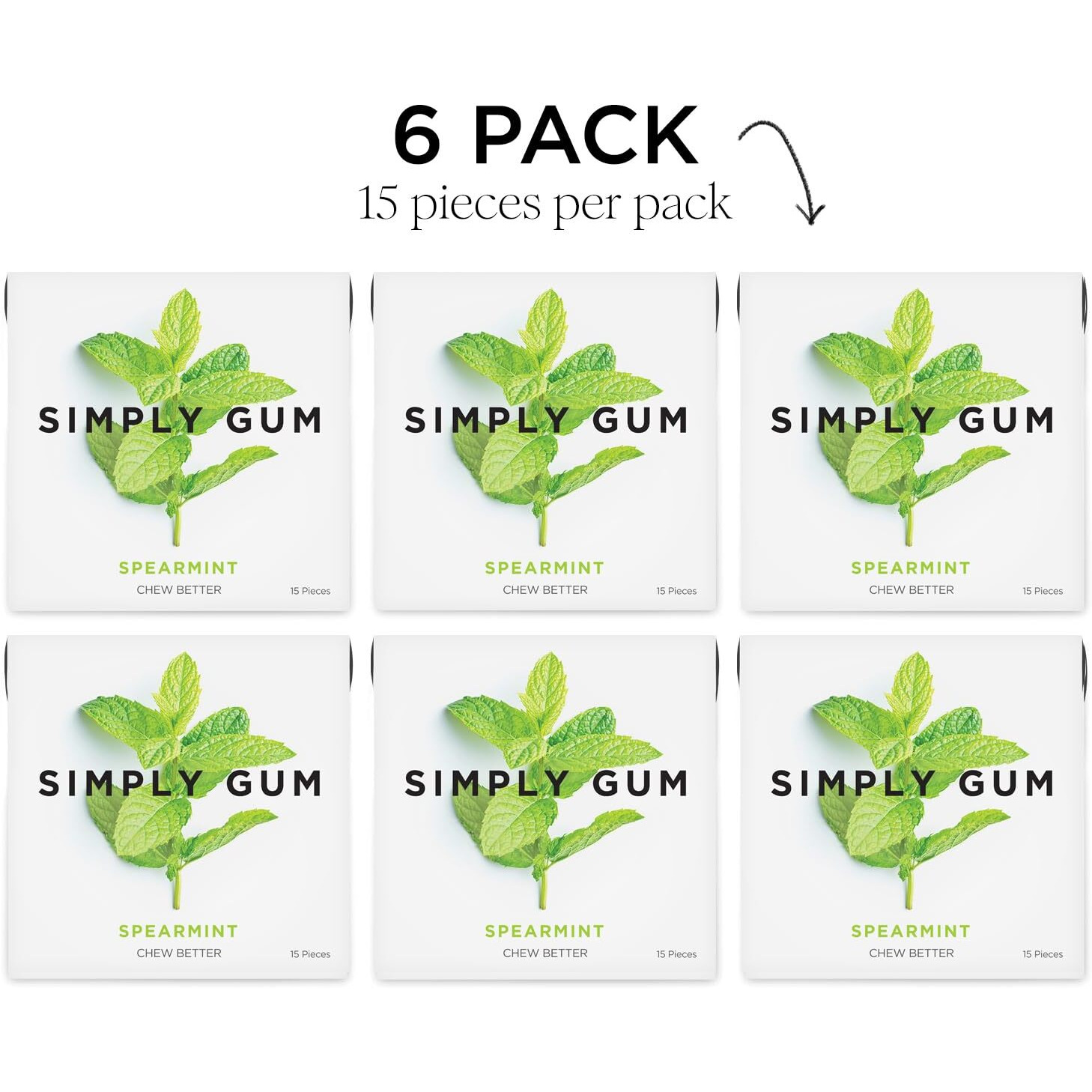 Simply Gum | Spearmint | Plant- Based Chewing Gum | Pack Of Six (90 Pieces Total) | Synthetic Plastic Free + Aspartame Free + Non Gmo