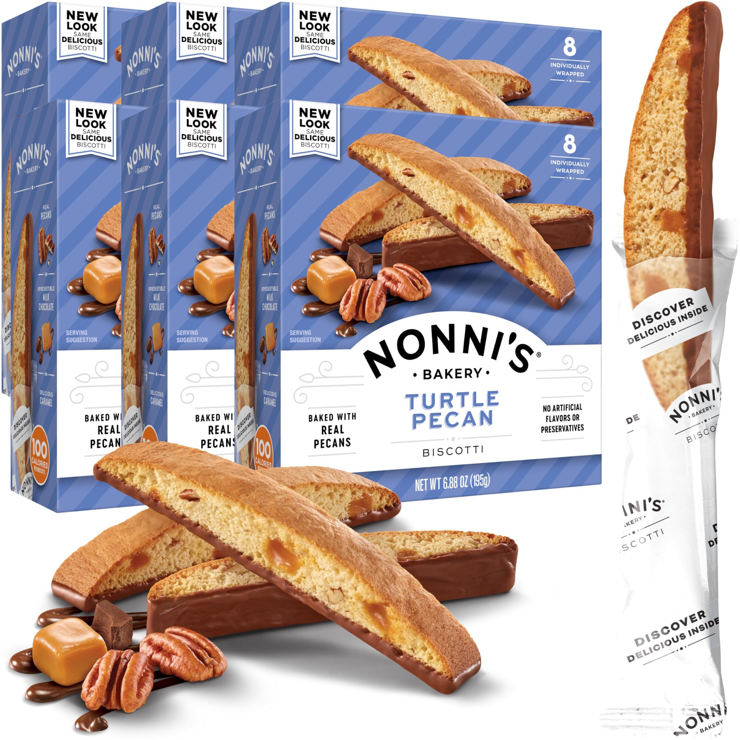 Nonni's Turtle Pecan Biscotti Italian Cookies - Caramel Pecan Cookies Dipped In Milk Chocolate - Pecan Biscotti Individually Wrapped Cookies - All Natural Ingredients - Kosher - 6.88 Oz (6 Boxes)