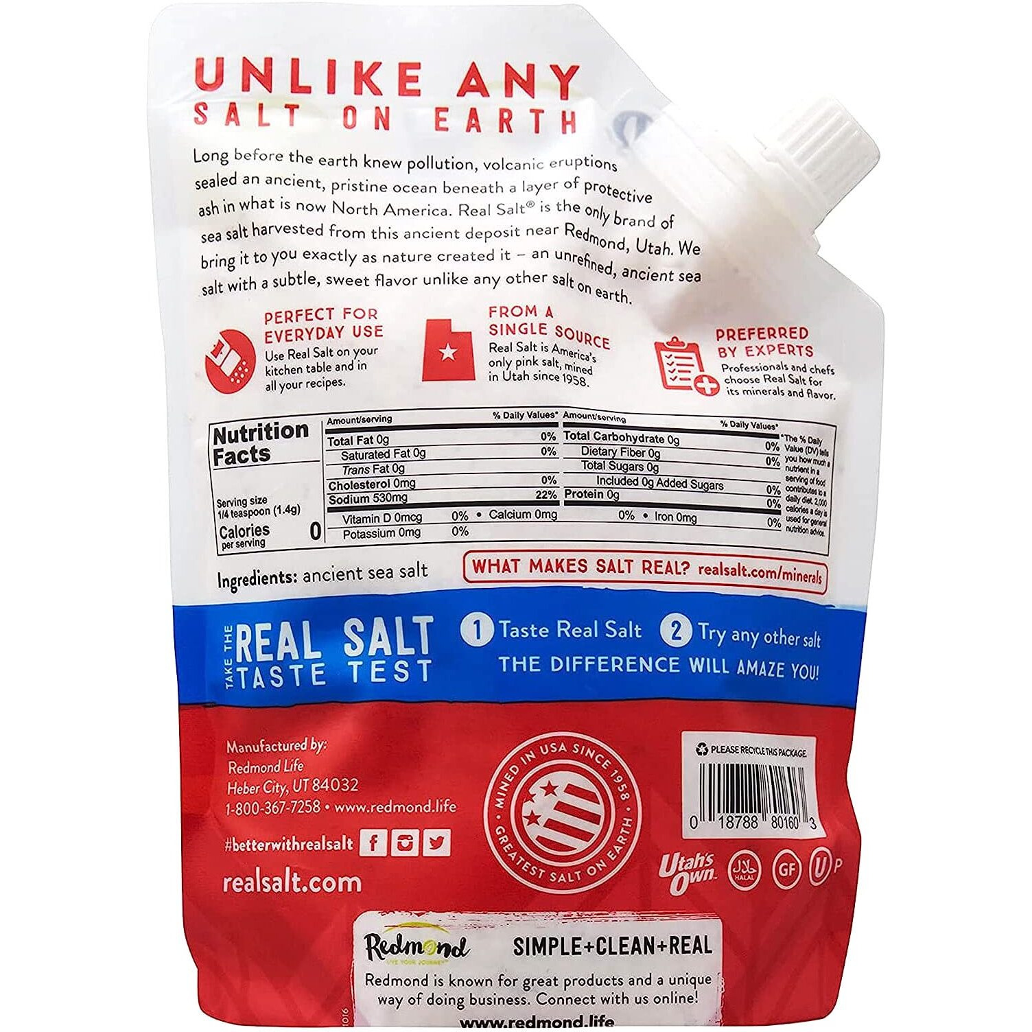 Redmond Real Sea Salt - Natural Unrefined Gluten Free Kosher, 16 Ounce Pouch (1 Pack)