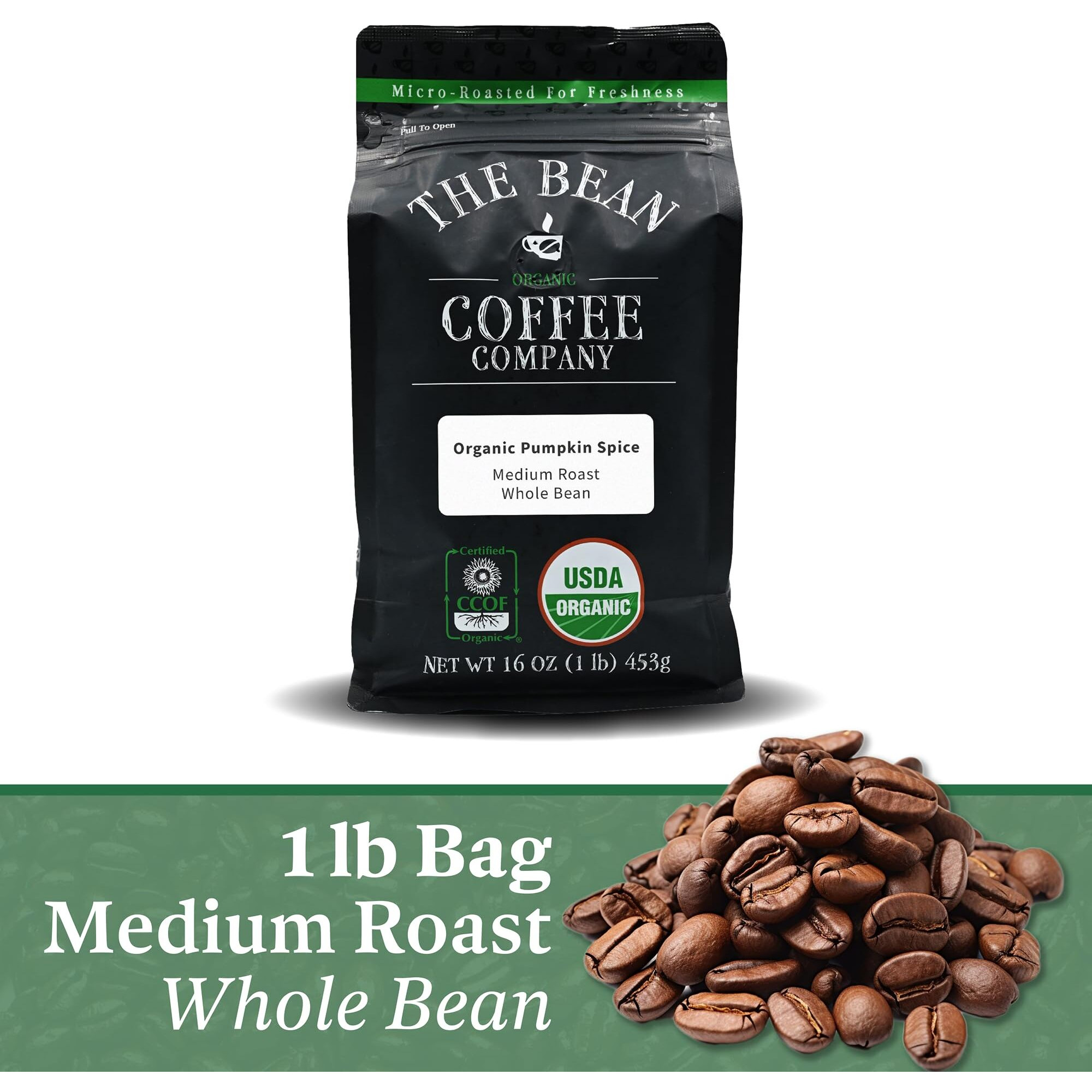 The Bean Organic Coffee Company Pumpkin Spice, Medium Roast, Whole Bean Coffee, 16-Ounce Bag