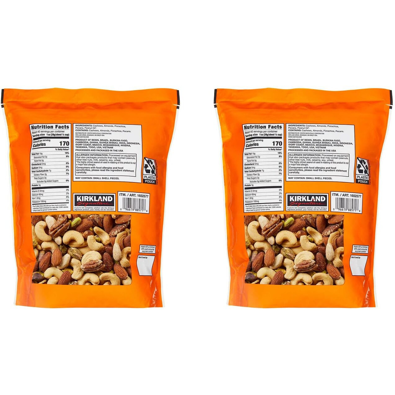 Kirkland Signature Qnkdqk Extra Fancy Unsalted Mixed Nuts 2.5 (Lb), 2 Pack Of 40 Ounce, 99451458768