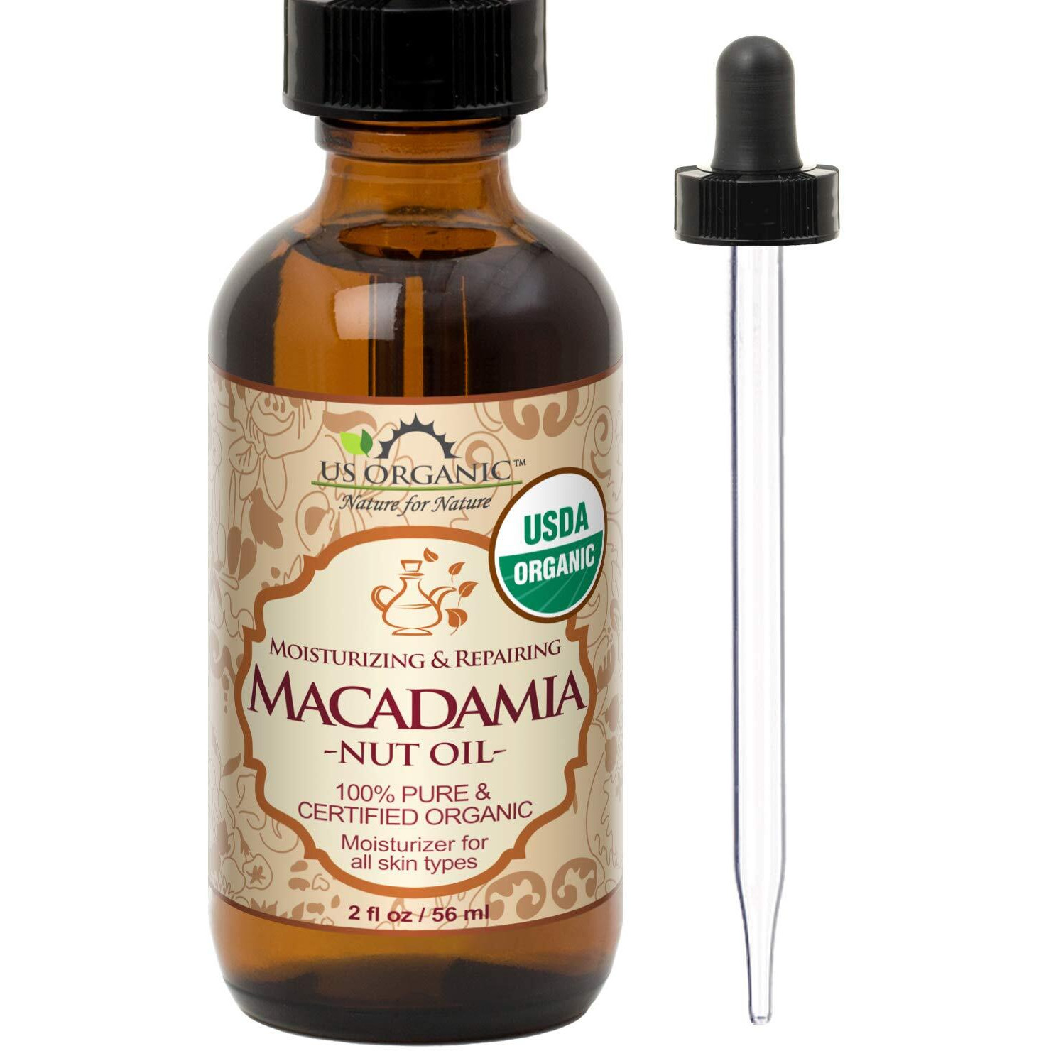 Us Organic Macadamia Nut Oil Unrefined Virgin, Usda Certified Organic, Pure & Natural, Cold Pressed, Sourced In Kenya, In Amber Glass Bottle W/Glass Eye Dropper For Easy Application (2 Oz (Small))