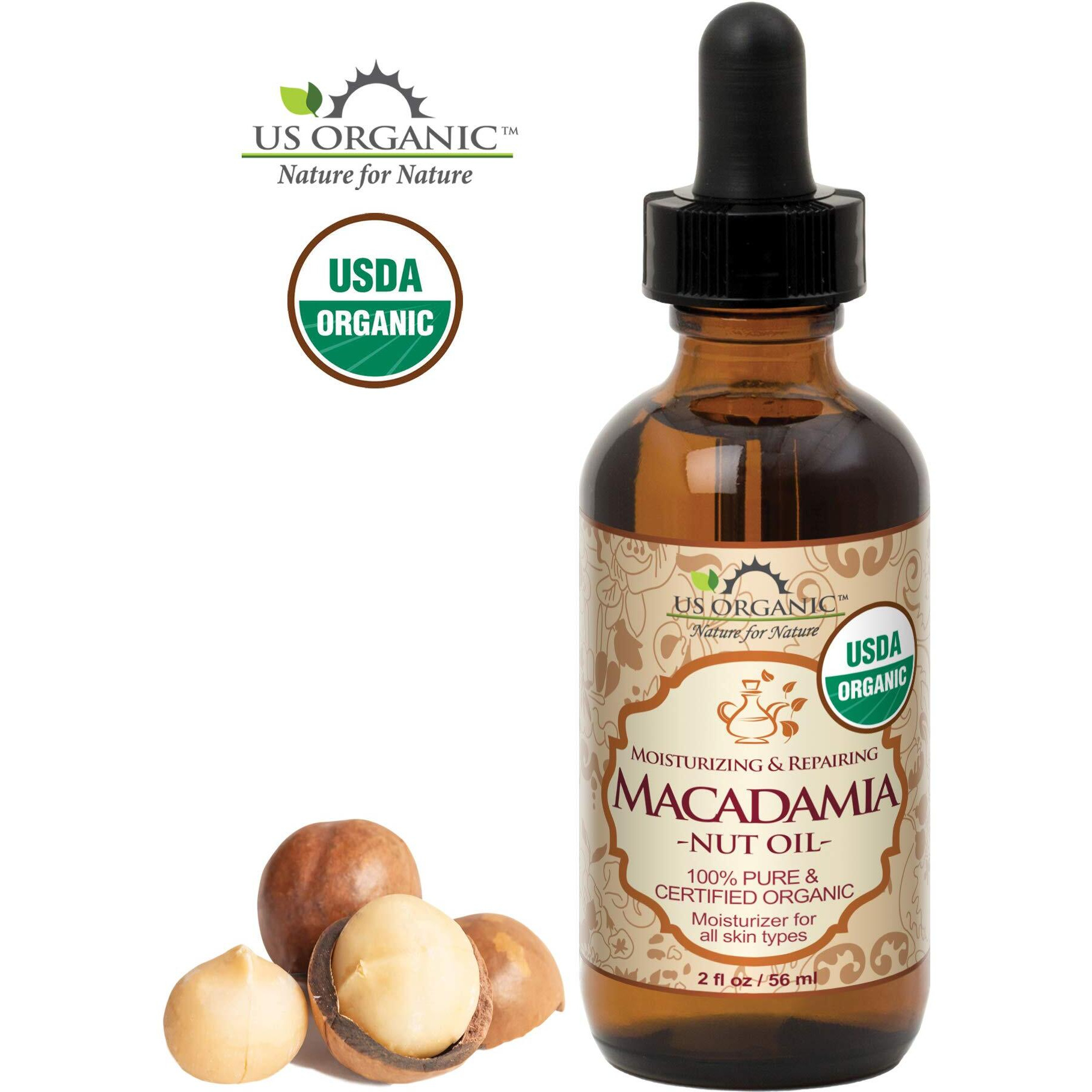 Us Organic Macadamia Nut Oil Unrefined Virgin, Usda Certified Organic, Pure & Natural, Cold Pressed, Sourced In Kenya, In Amber Glass Bottle W/Glass Eye Dropper For Easy Application (2 Oz (Small))