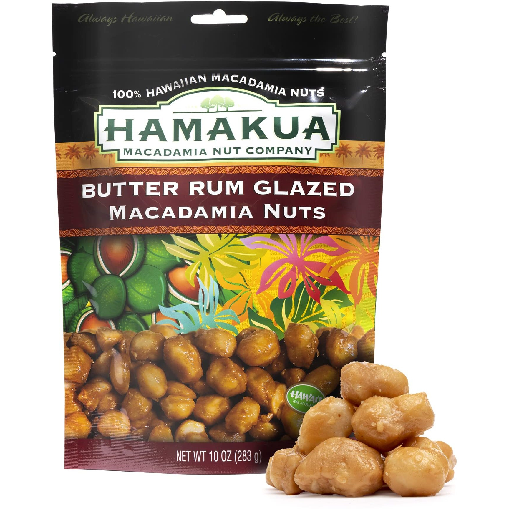 Hamakua Macadamia Nuts - Sweet Glazed Butter Rum - Hawaiian Grown Flavored Dry Roasted Half And Whole Macadamias - Natural Eco-Friendly Large Macadamia Nuts