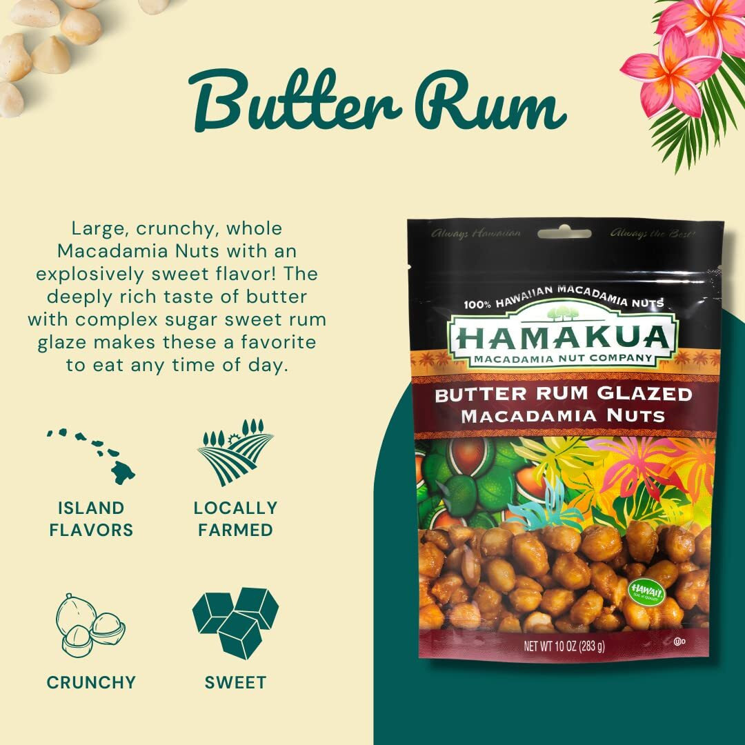 Hamakua Macadamia Nuts - Sweet Glazed Butter Rum - Hawaiian Grown Flavored Dry Roasted Half And Whole Macadamias - Natural Eco-Friendly Large Macadamia Nuts