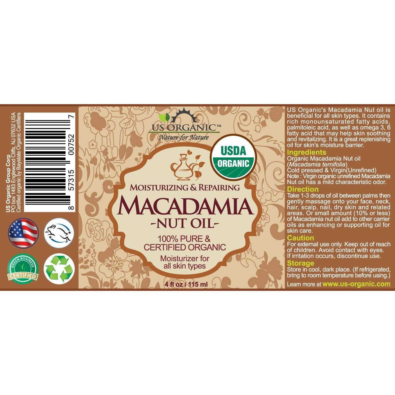 Us Organic Macadamia Nut Oil Unrefined Virgin, Certified Organic, Pure & Natural, Cold Pressed, Sourced In Kenya, In Amber Glass Bottle W/Glass Eye Dropper For Easy Application (4 Oz (Large))