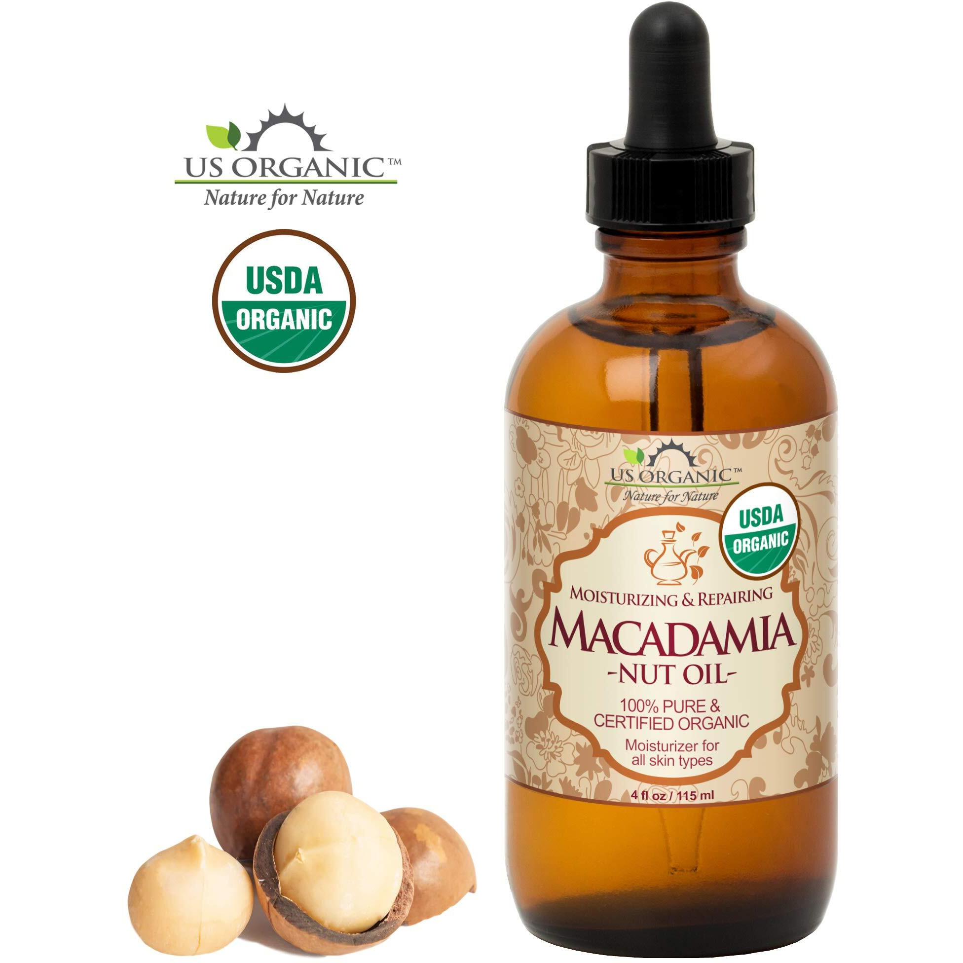 Us Organic Macadamia Nut Oil Unrefined Virgin, Certified Organic, Pure & Natural, Cold Pressed, Sourced In Kenya, In Amber Glass Bottle W/Glass Eye Dropper For Easy Application (4 Oz (Large))