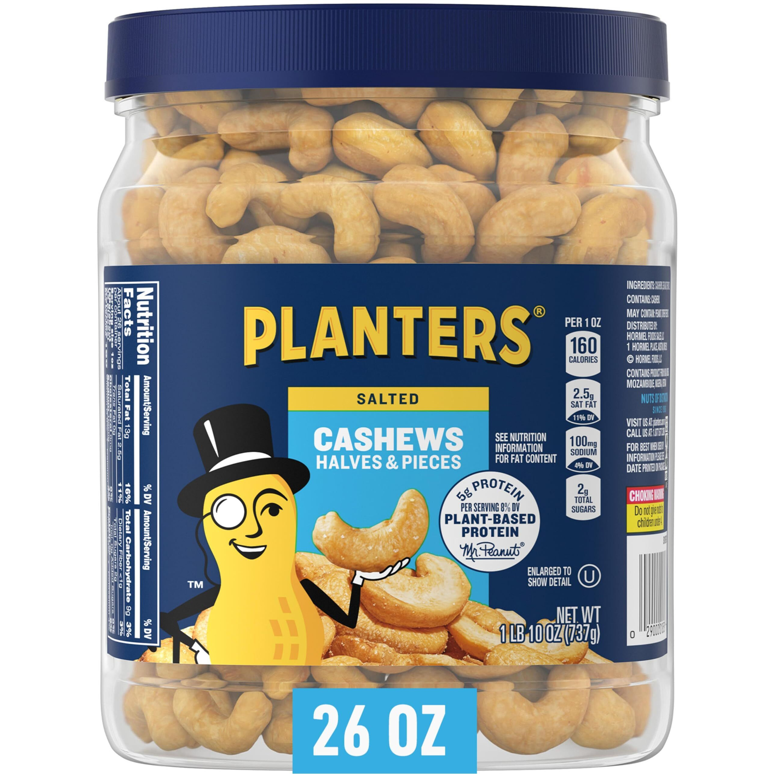 Planters Salted Cashew Halves & Pieces, Party Snacks, Plant-Based Protein, Quick Snack For Adults, After School Snack, Roasted Cashews, Flavored With Sea Salt, Bulk Nuts, Kosher, 26Oz Canister