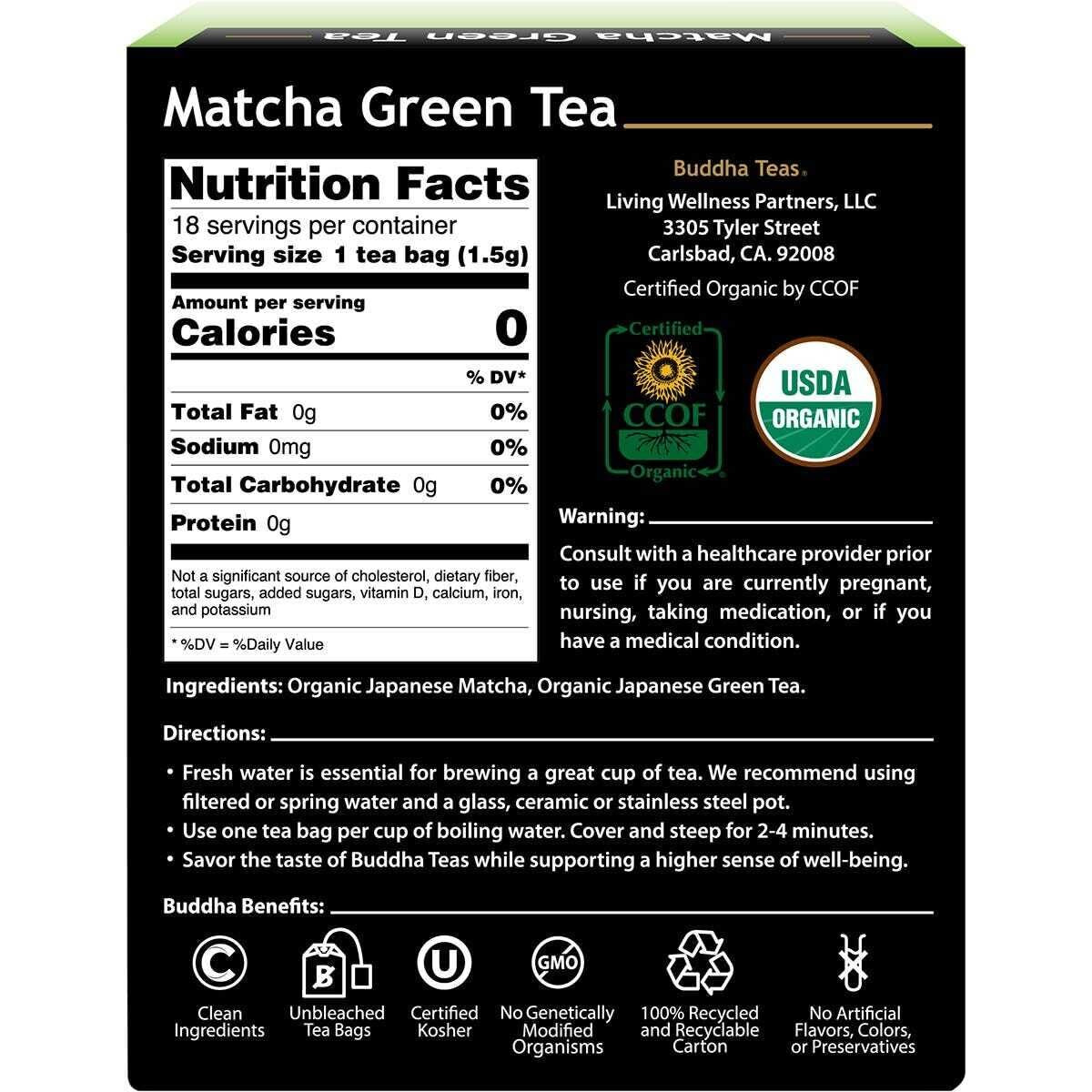 Buddha Teas - Organic Matcha Green Tea - For Health & Wellbeing - With Antioxidants & Minerals - Clean Ingredients - Contains Caffeine - Ou Kosher & Organic - 18 Tea Bags (Pack Of 1)