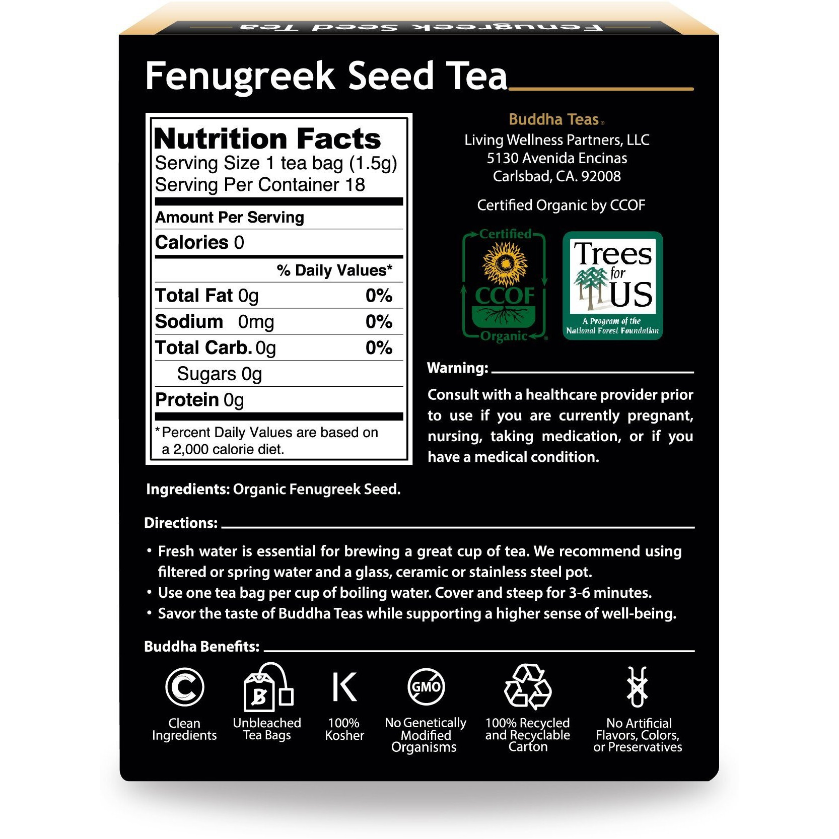 Buddha Teas Organic Fenugreek Seed Tea - Ou Kosher, Usda Organic, Ccof Organic, 18 Bleach-Free Tea Bags