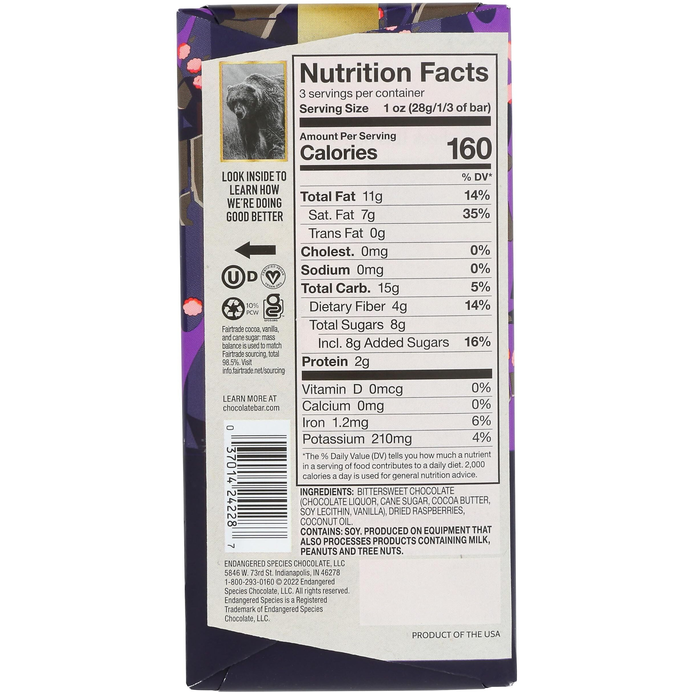 Endangered Species Chocolate Bar Grizzly Dark Raspberry, 3 Oz