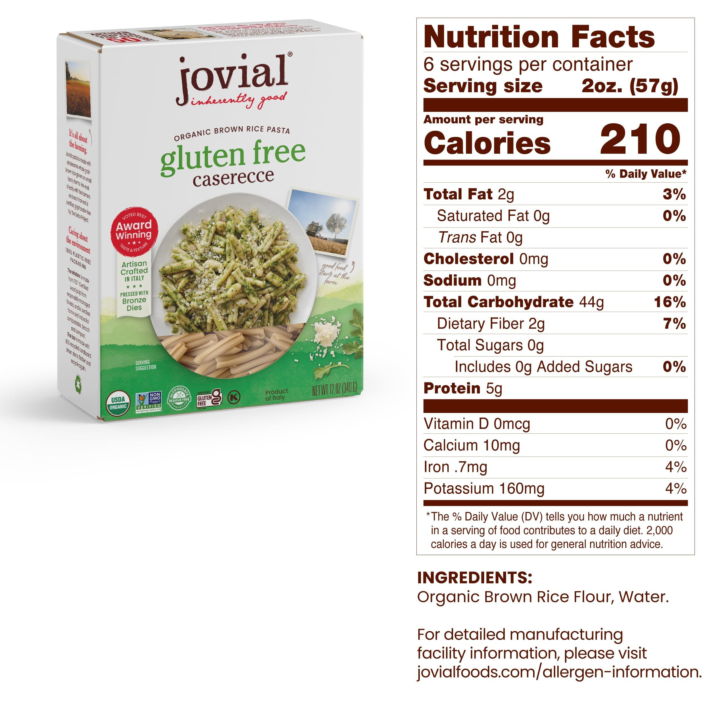 Jovial Whole Grain Brown Rice Caserecce Pasta - Pasta Caserecce, Caserecce Pasta, Whole Grain Pasta, Organic Pasta, Gluten Free, Dairy Free, Brown Rice Pasta, Made In Italy - 12 Oz, 12 Pack